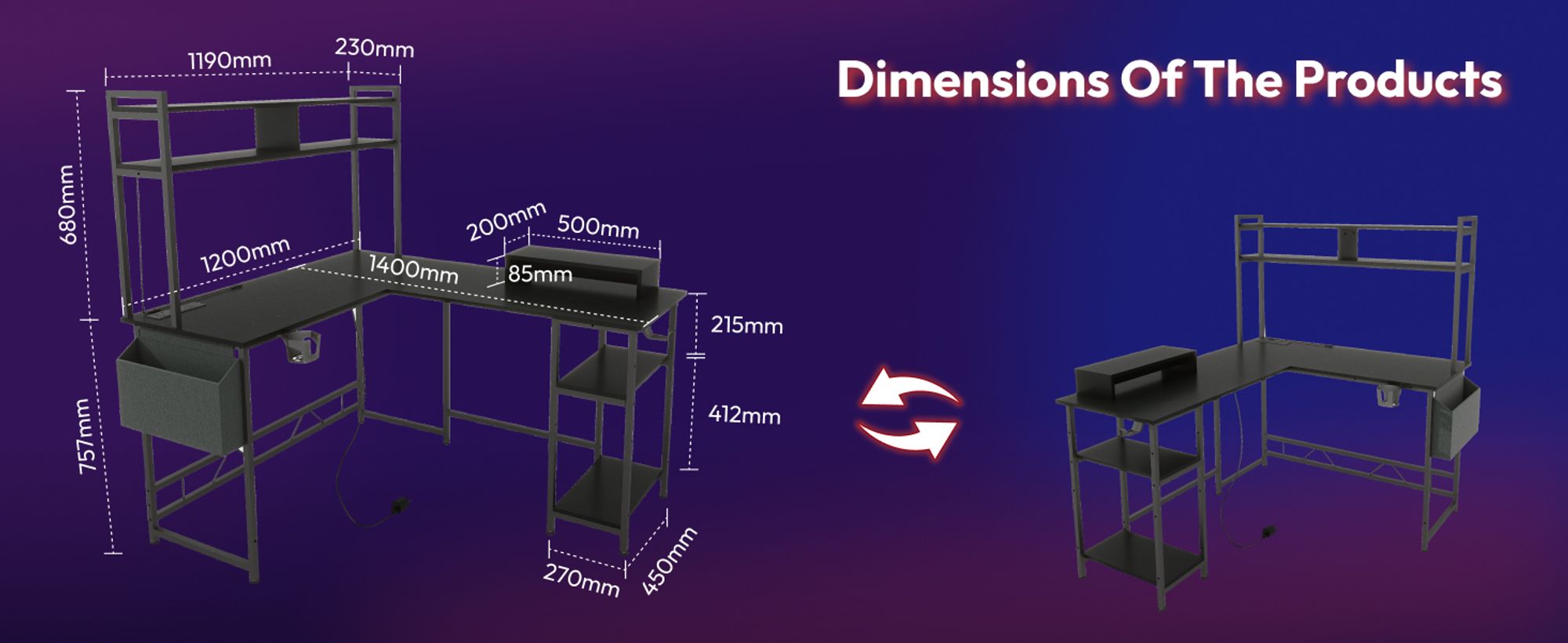 SANODESK Computertisch Gaming Tisch L-Form Schreibtisch Jugendschreibtische mit LED-Beleuchtung, 2 Steckdosen & 2 USB-Anschlüsse, Haken (Schwarz)