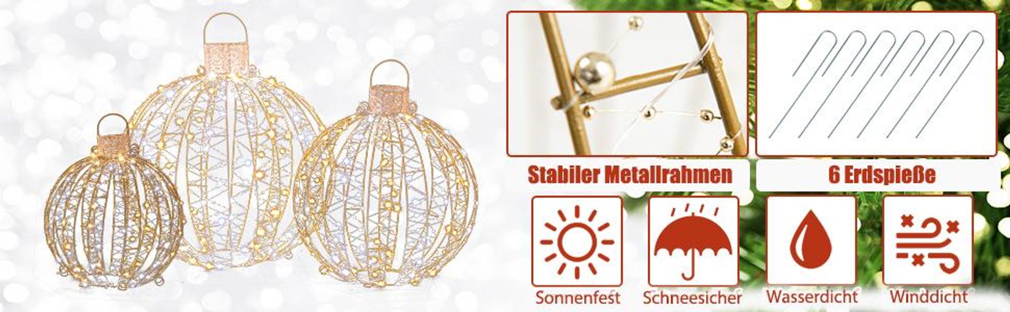 COSTWAY 3er Set LED Dekokugel mit Lichterkette, 180 warmweißen & 180 weißen Lichtern, LED Kugeln zum Hinhängen & Hinstellen, Deko Beleuchtung, Kugelleuchten für Weihnachten