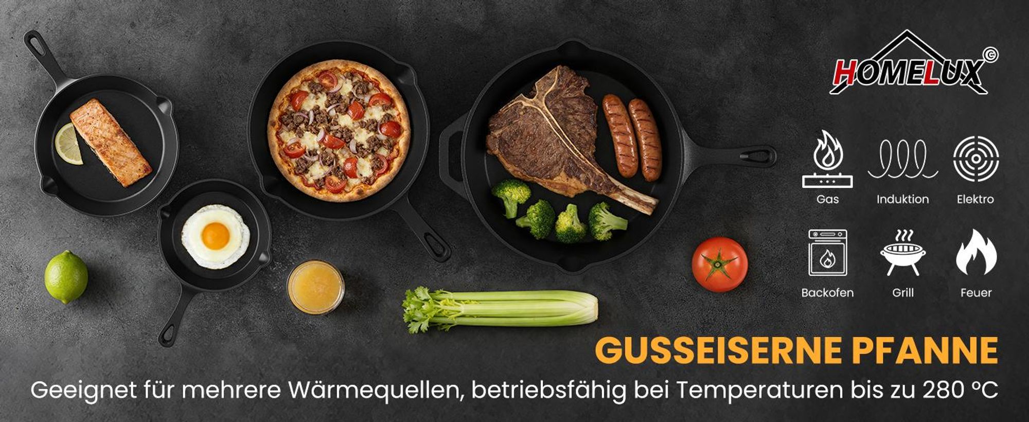 Gusseisenpfanne 3 tlg Pfannenset 16/20/26cm Bratpfanne Gusseisen Pfanne Induktion, Antihaft Pfanne Geeignet für alle Herdarten