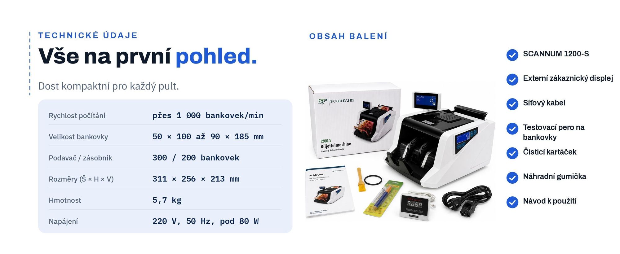 Technické údaje a obsah balení počítačky bankovek SCANNUM 1200-S