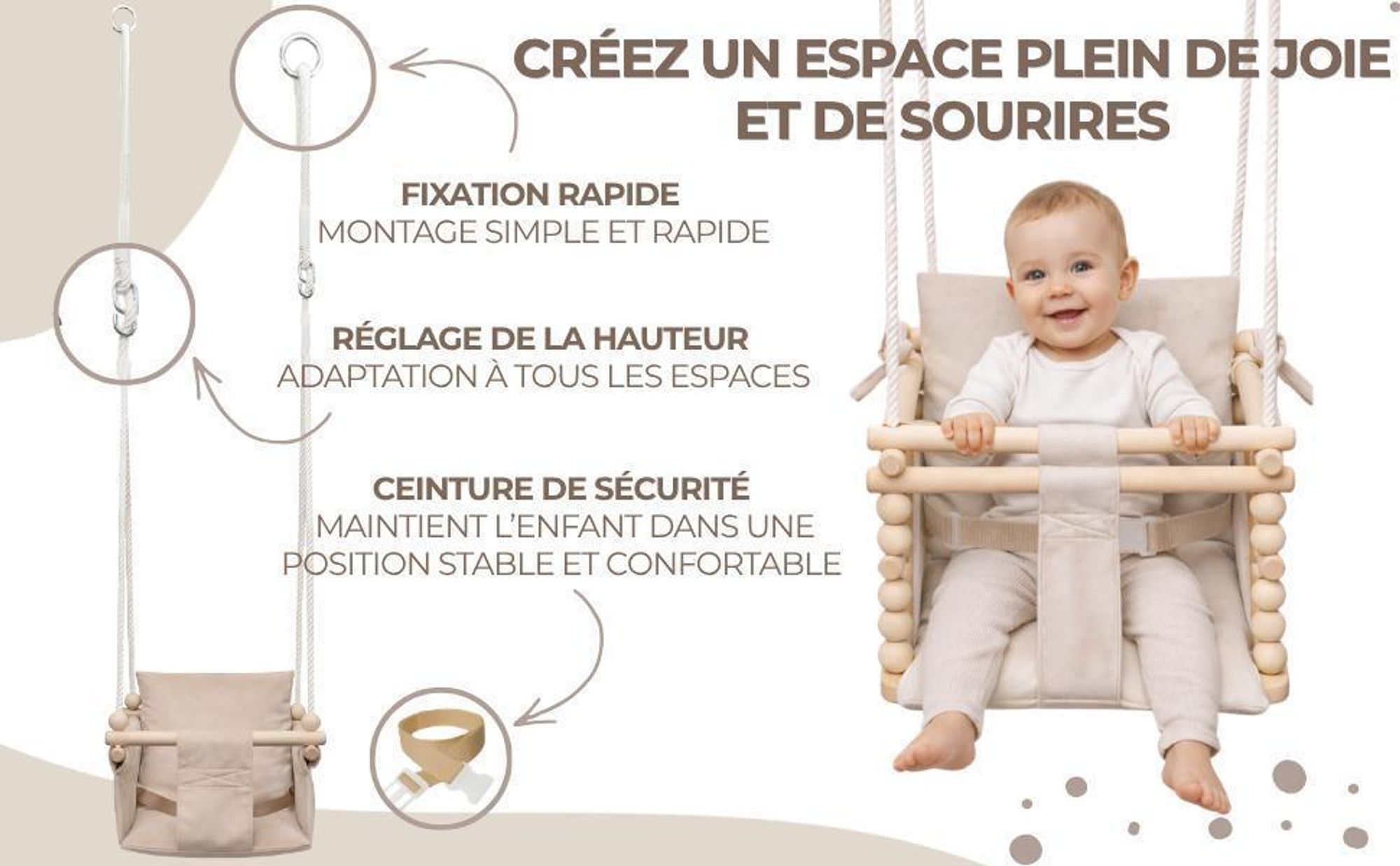 MAMOI Balançoire enfant avec ceinture de sécurité, hauteur réglable 150–190 cm, balançoire pour la maison, structure stable, assise en velours