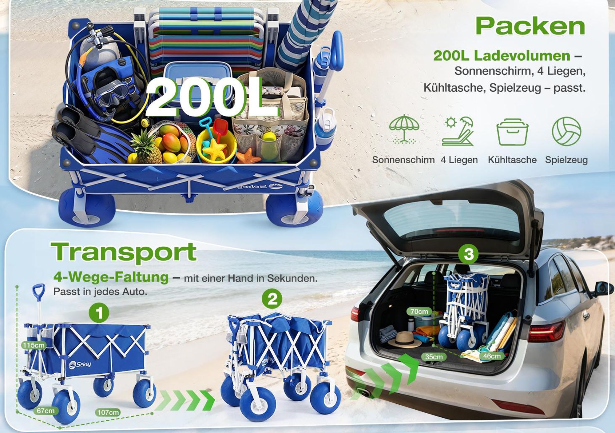 Sekey Bollerwagen Faltbar Luftreifen Groß Transportwagen Klappbar Handwagen - bis 200 kg belastbar, Blau