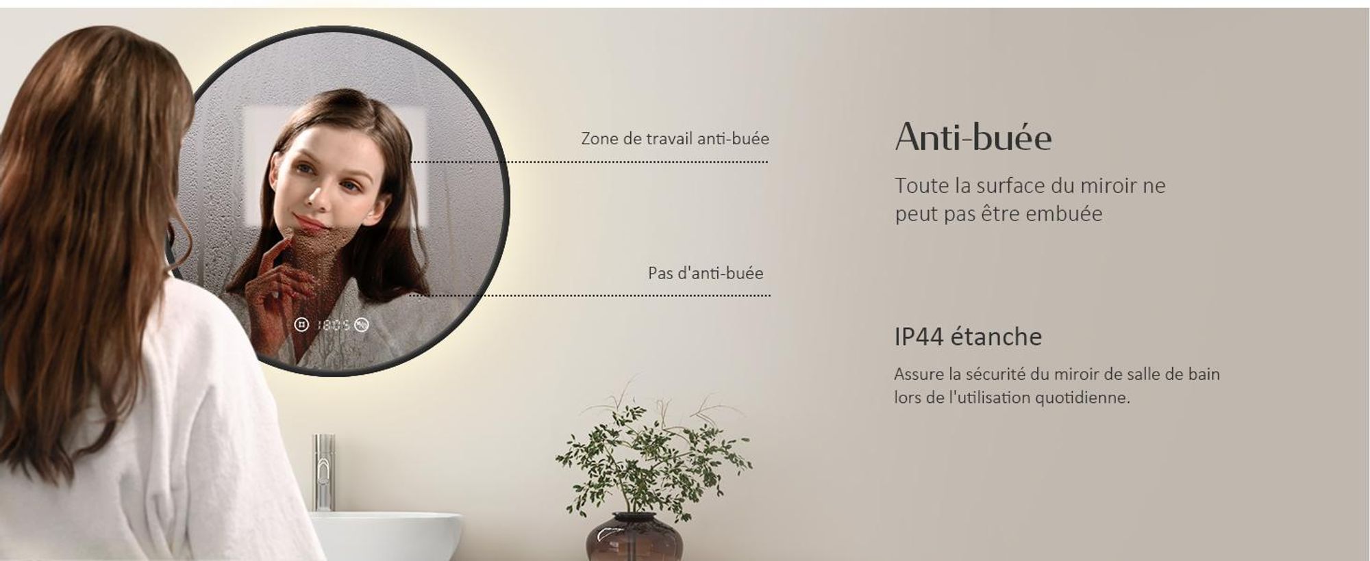 EMKE Miroir de salle de bain rond LED avec éclairage ф60cm Miroir de salle de bain noir rond avec antibuée, horloge, température, variateur, fonction mémoire - Lumières neutres 4300K