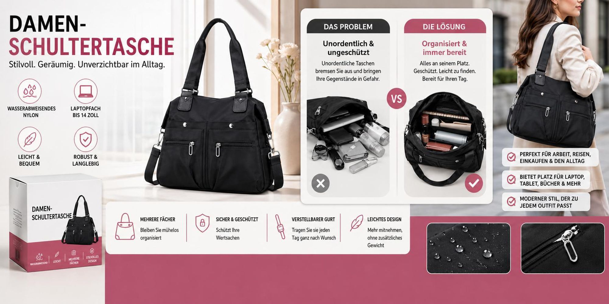 Wasserabweisende Damen Handtasche mit abnehmbaren Schulterriemen, Schultertasche für Damen - BAGVIA Schwarz