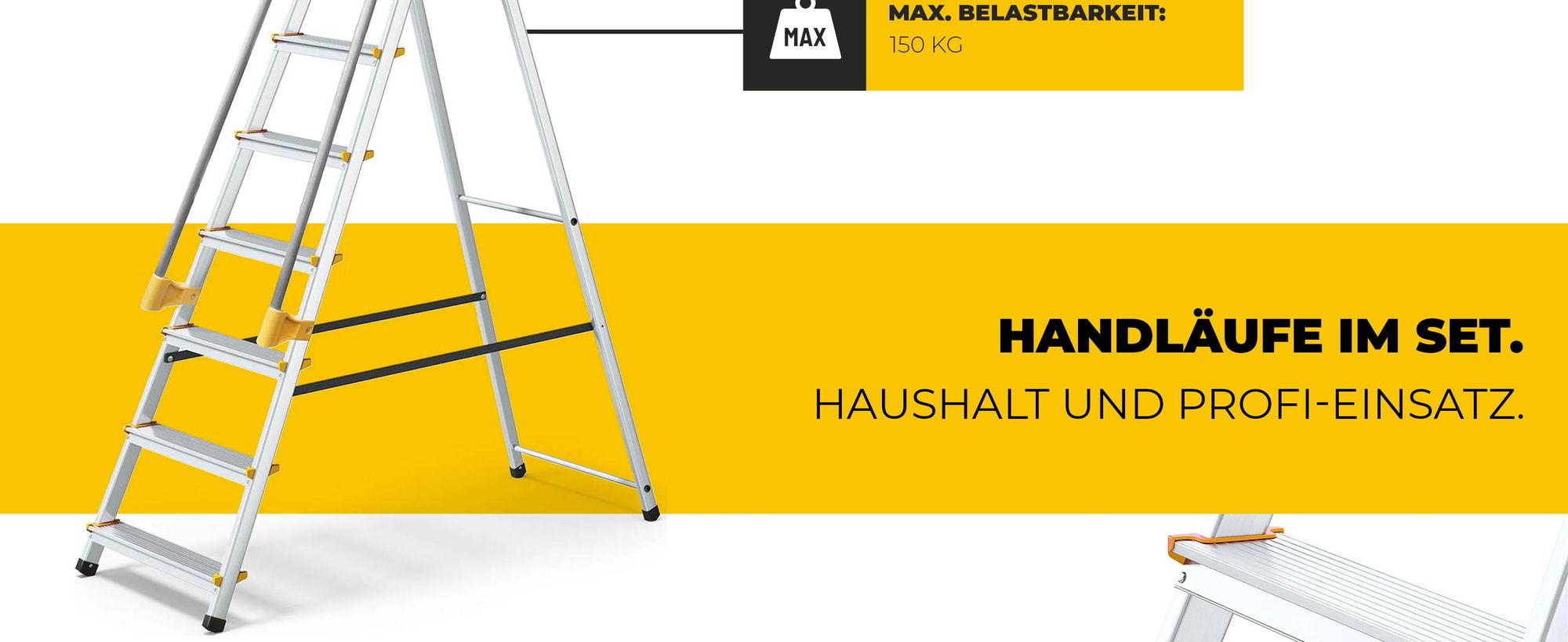 Drabest | Leiter - 7 Stufen, Tragfähigkeit 150kg - Leiter mit Handläufen, Alu Leiter, Anti-Rutsch-Füße, Trittleiter, Klappleiter