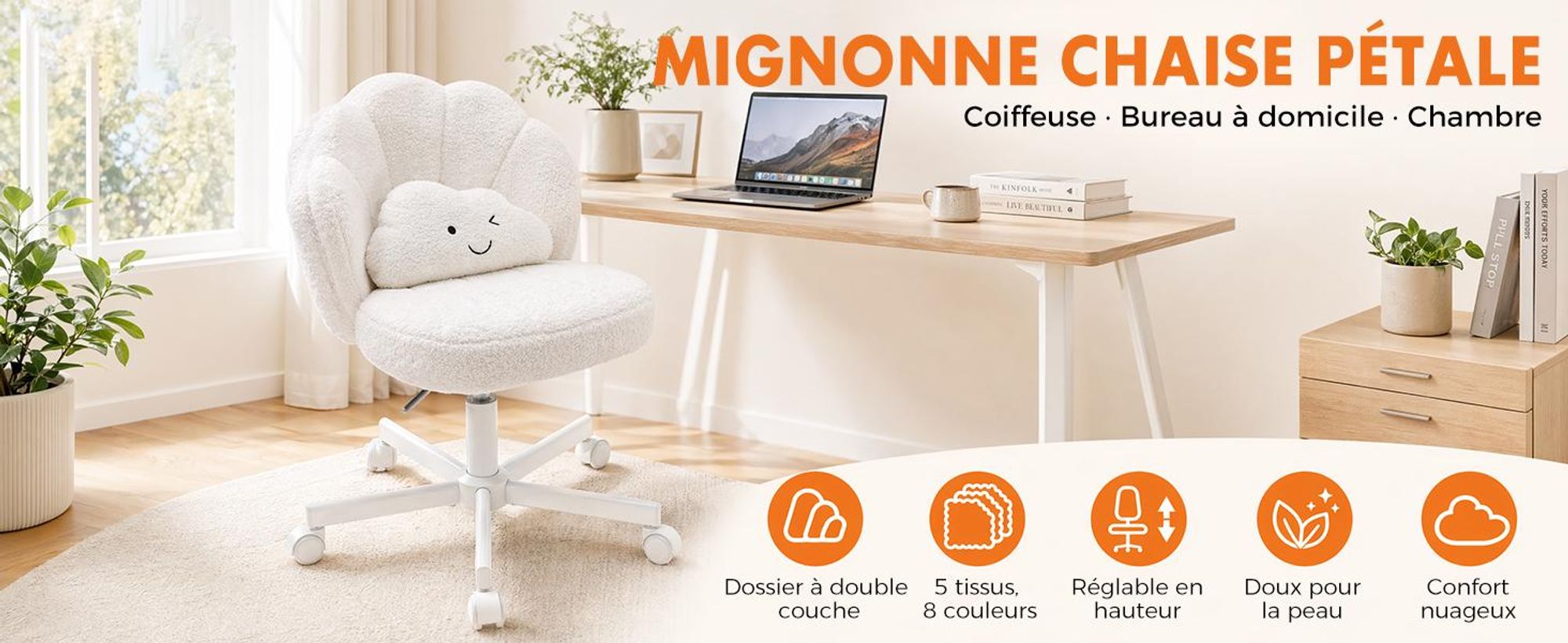 Chaise de bureau COMHOMA, chaise de maquillage à roulettes avec double dossier et coussin moelleux, chaise pivotante réglable en hauteur, tissu Teddy, blanche