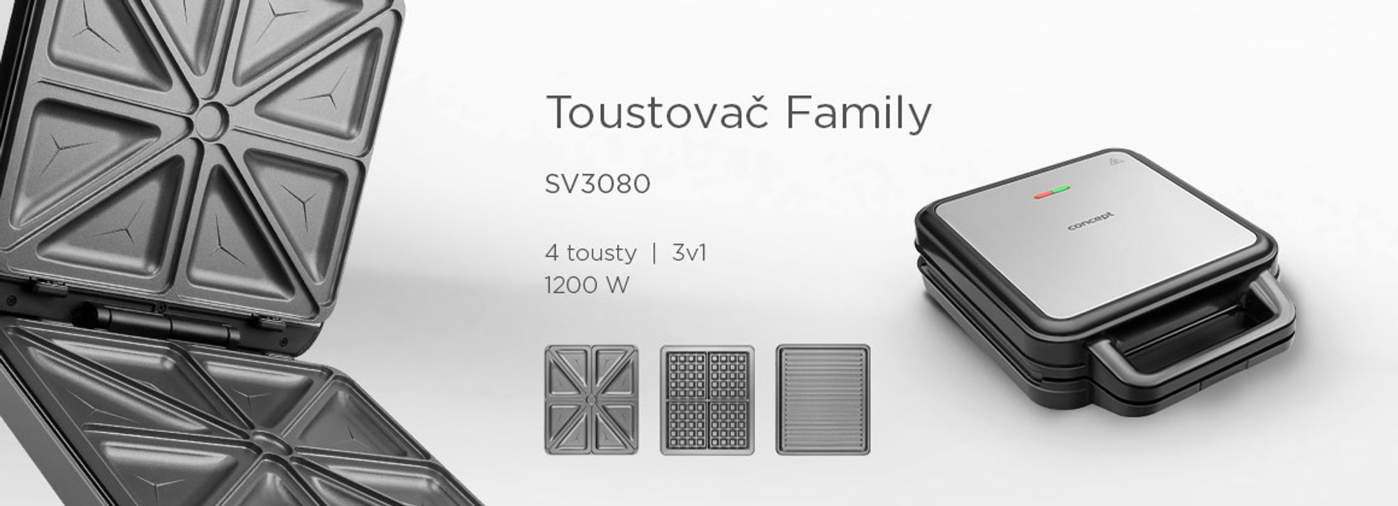 Concept SV3080, Nerezová ocel, Černá, Plast, Nerezová ocel, 0,67 m, 268 x 228 mm, 1200 W, 220 - 240 V