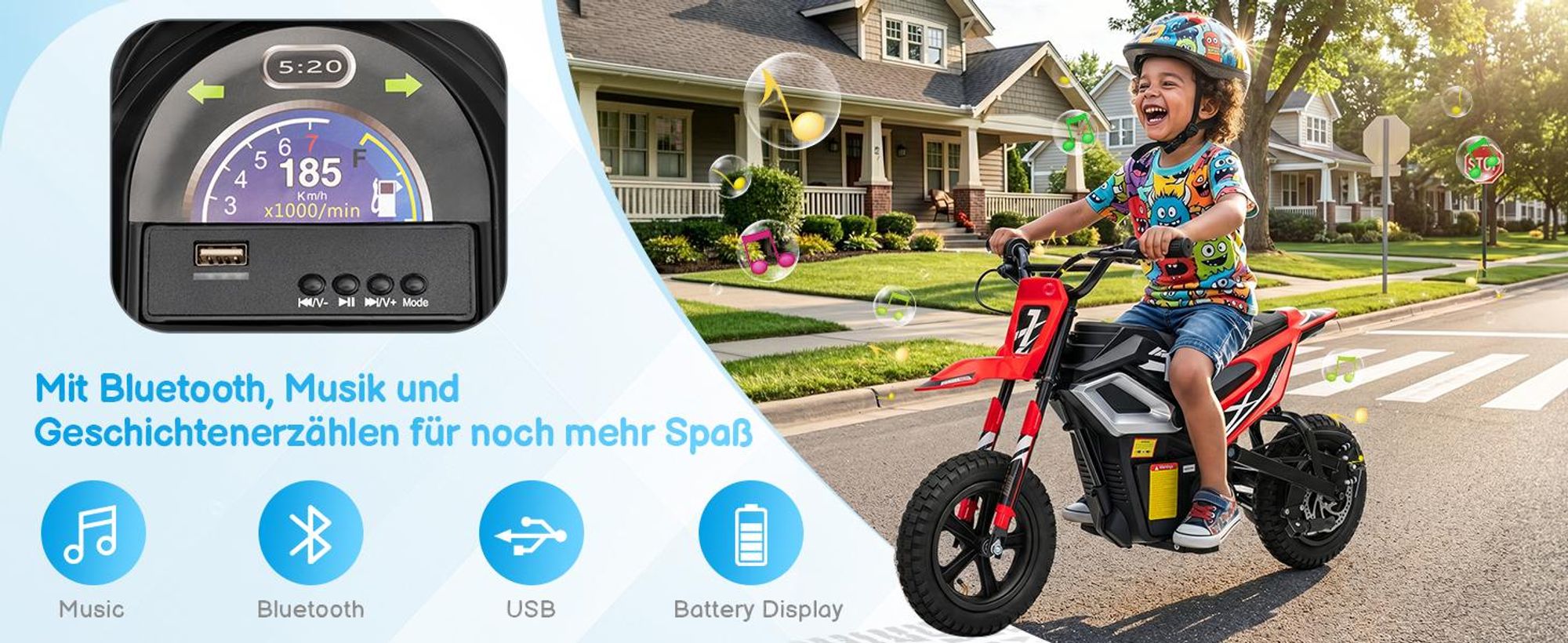 FCH Elektrisches Kindermotorrad, 24 V, 7 Ah, mit Ledersitz, rot