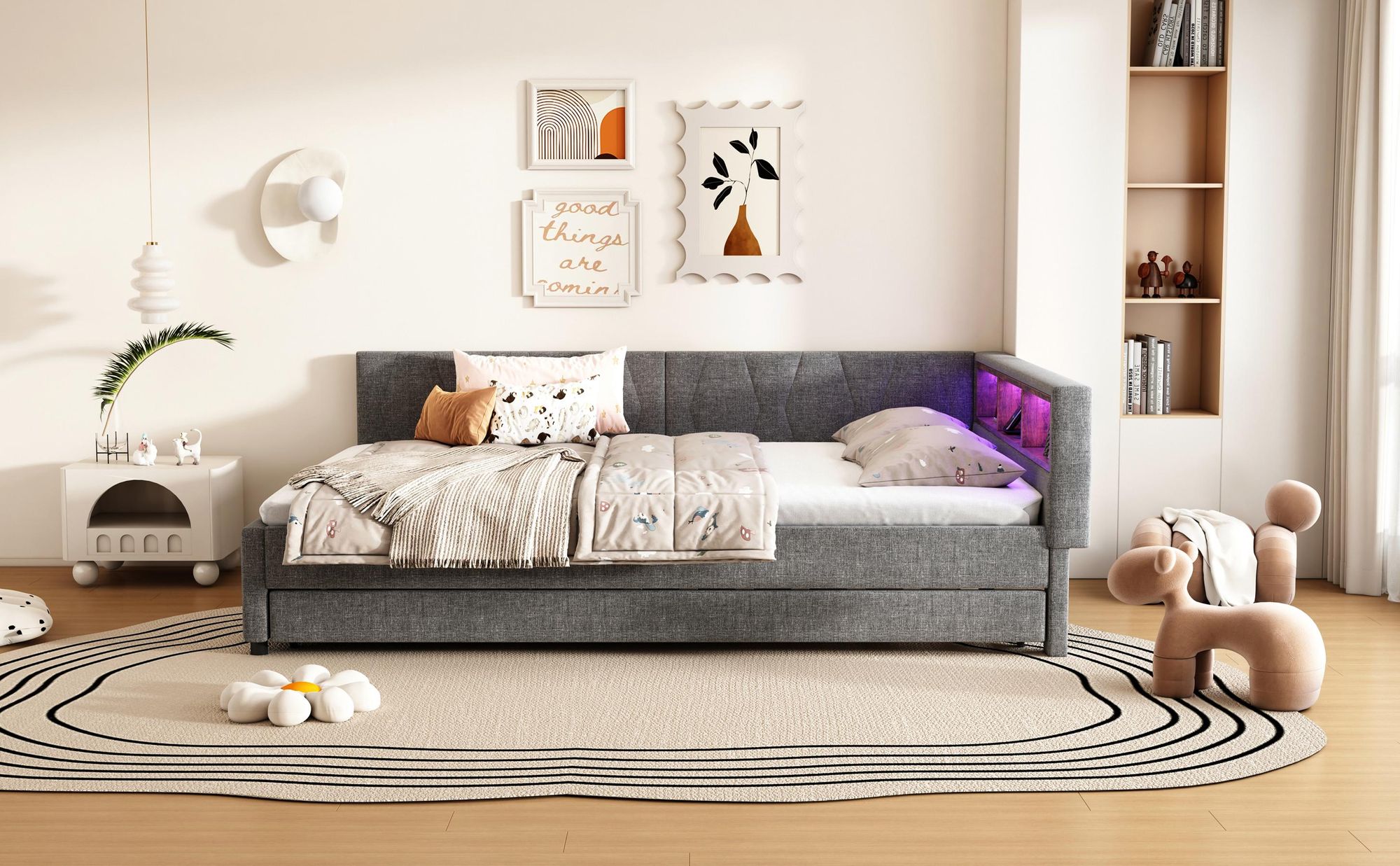 Merax Tagesbett Daybett 140x200 cm, mit Ausziehbett 90x190 cm, Gästebett mit LED, USB+Typ C, Schlafsofa, Leinen Polsterbett, Grau