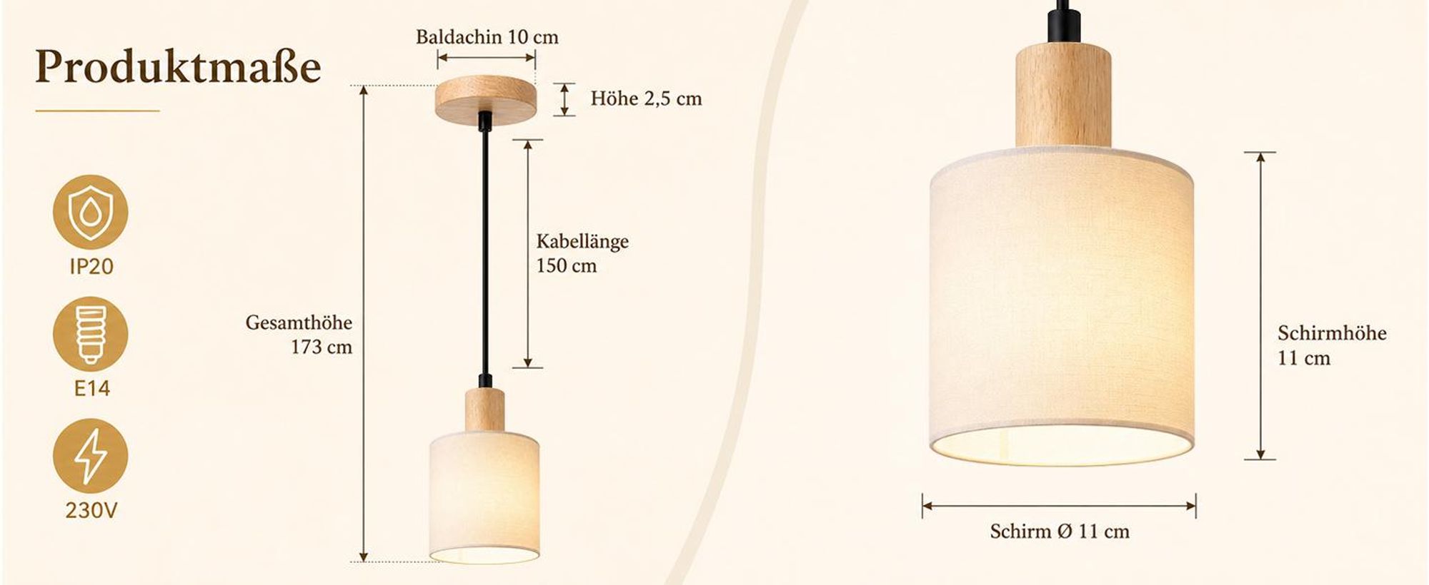 ZMH Pendelleuchte Holz Esstischlampe 1 Flammig Vintage Hängeleuchte mit Stoffschirm E14 Hängelampe für Wohnzimmer Restaurant Schlafzimmer Küche Weiß