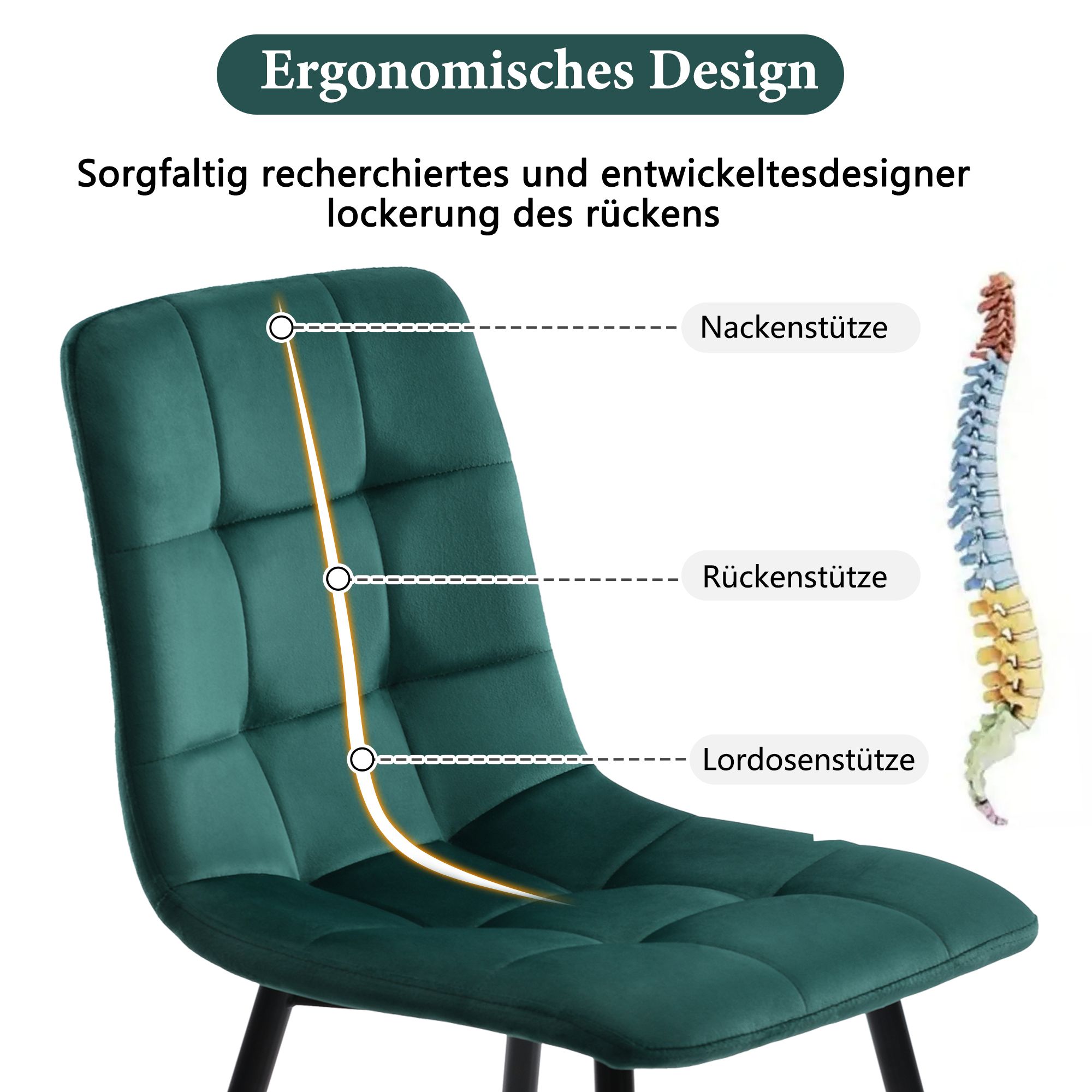 Flieks Essgruppe Esstisch mit 4 Esszimmerstuhl, Sitzgruppe Küchentischset 5tlg., Küchentisch mit 4 Esszimmerstuhl, Stuhl mit Samtbezug, Grün Gold