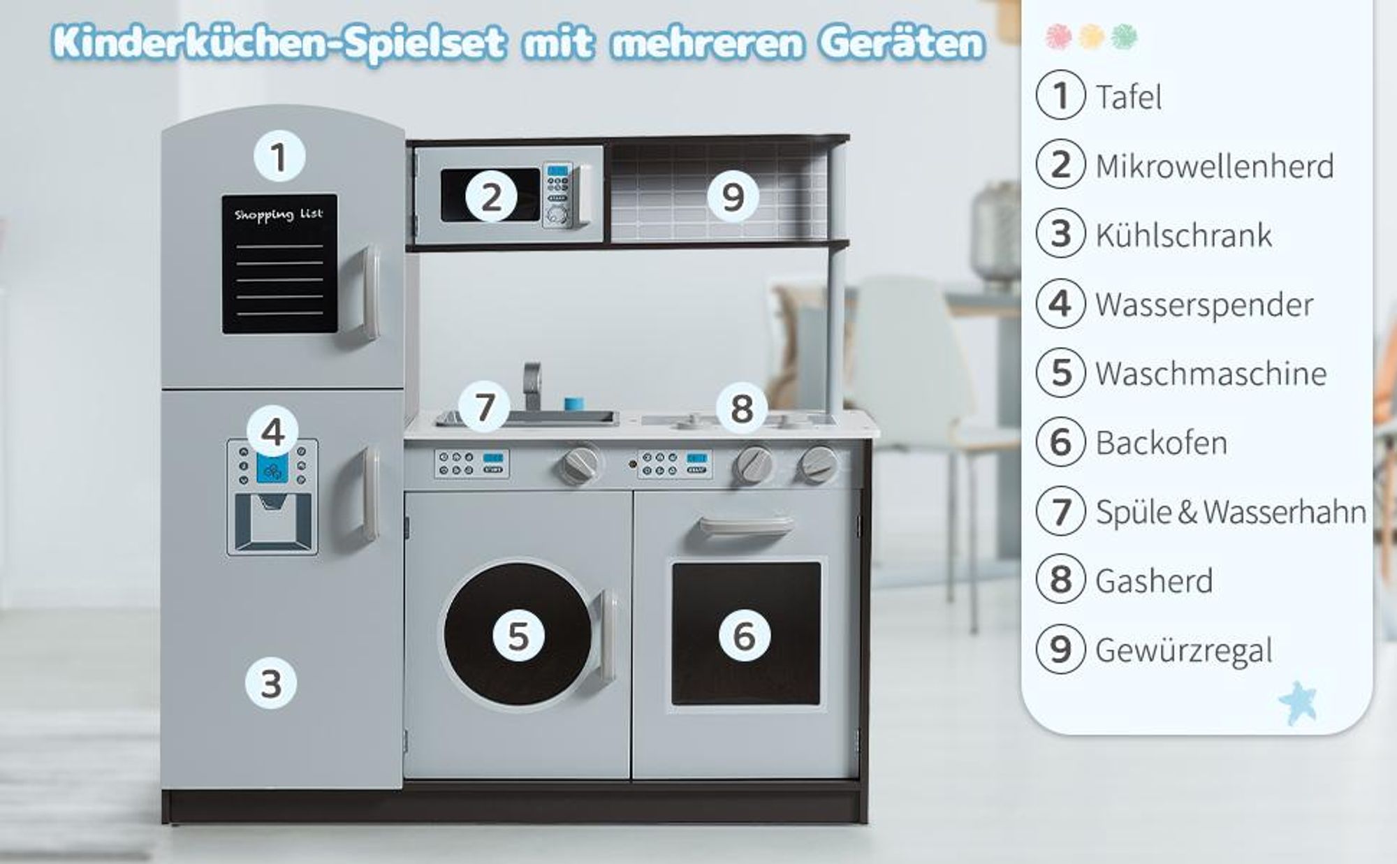 COSTWAY Kinderküche, Spielküche mit Tafel, Spüle, Wasserhahn, Klickgeräuschen, Herd, Backofen & Mikrowelle, Spielzeugküche für Kinder ab 3 Jahren
