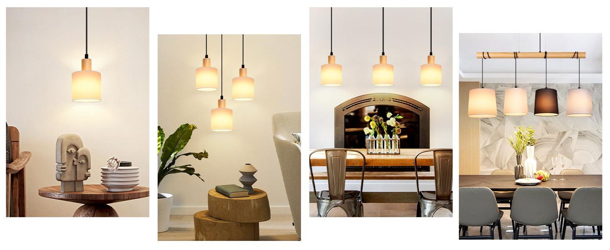 ZMH Pendelleuchte Holz Weiß Esstischlampe 3 Flammig Vintage Hängeleuchte E14 Hängelampe mit Stoffschirm für Wohnzimmer Restaurant Schlafzimmer Küche