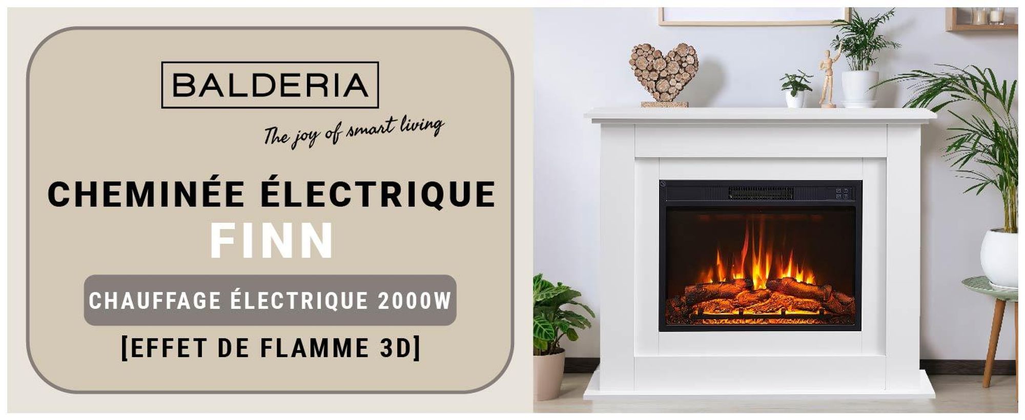 Cheminée électrique sur pied BALDERIA Finn – Puissance de chauffage jusqu'à 2 000 W, blanche