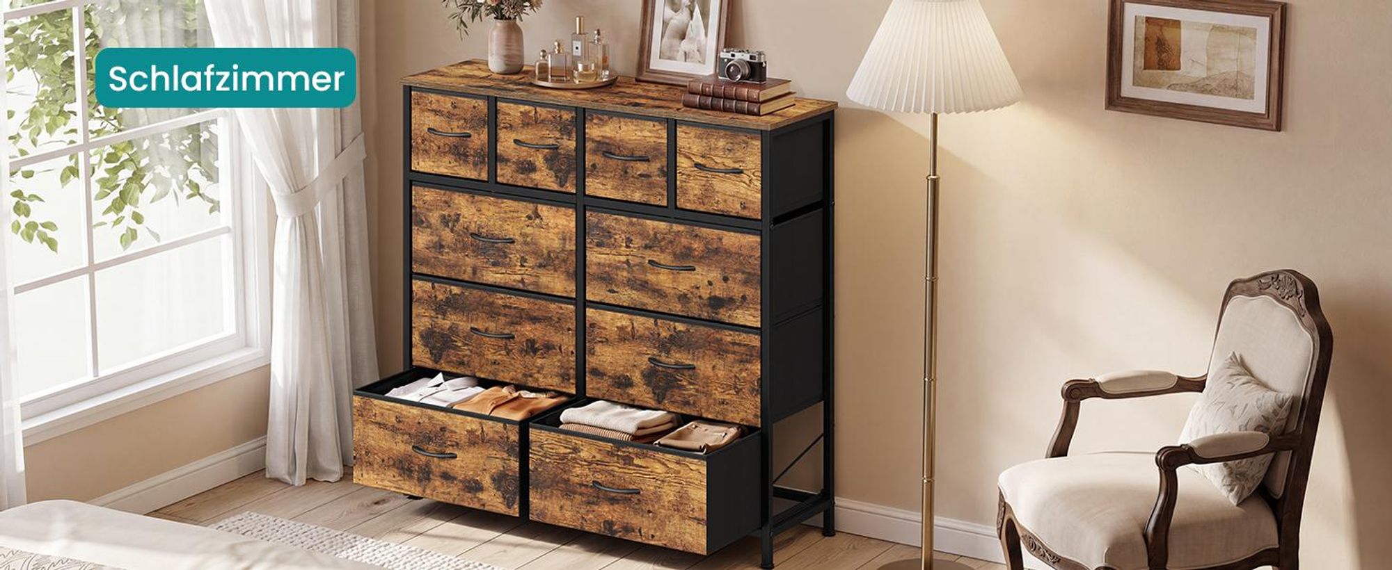 SONGMICS Kommode mit 10 Stoffschubladen, Aufbewahrungsschrank mit Metallgestell, 98,7 x 30 x 96,2 cm, Braun