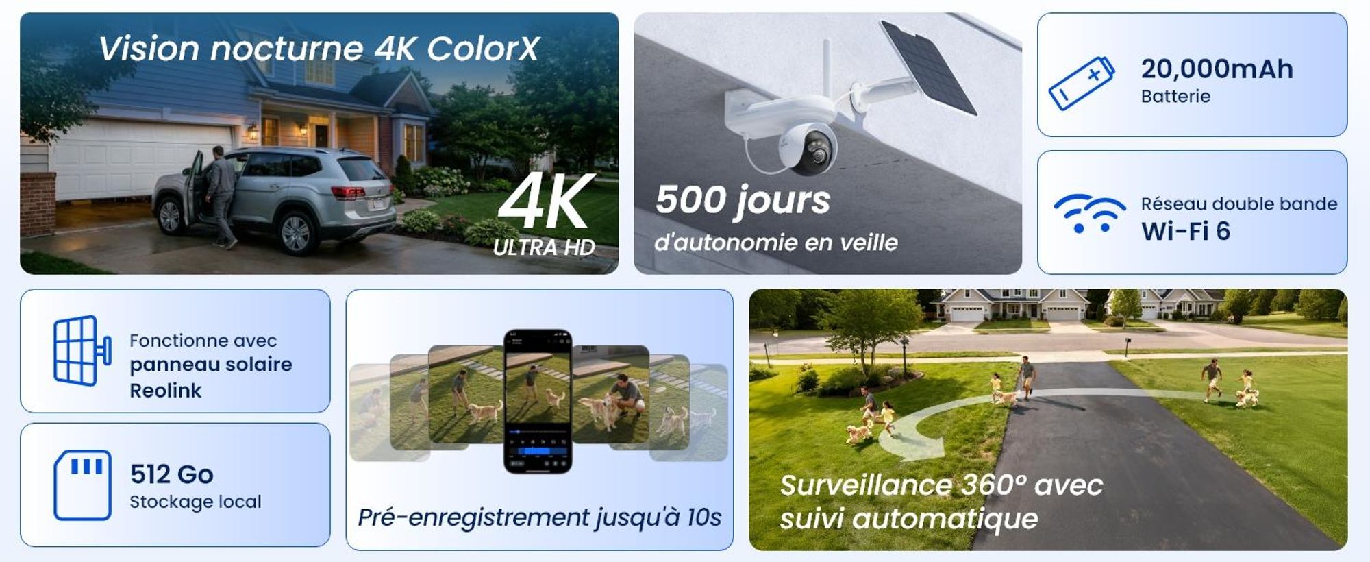 Reolink Altas PT Ultra + panneau solaire, caméra de surveillance 4K 8 MP avec Wi-Fi 6 et batterie intégrée, suivi automatique PT à 360°, notification ColorX, pré-enregistrement de 10 secondes, détection par IA