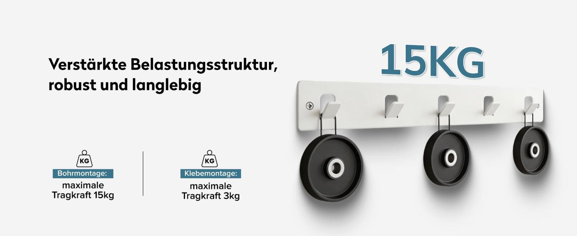doporro Garderobenleiste mit 5 Haken, Wandgarderobe mit Garderobenhaken, Kleiderhaken Wand, Hakenleiste, selbstklebend oder zum Bohren, Weiß, Stalo-14