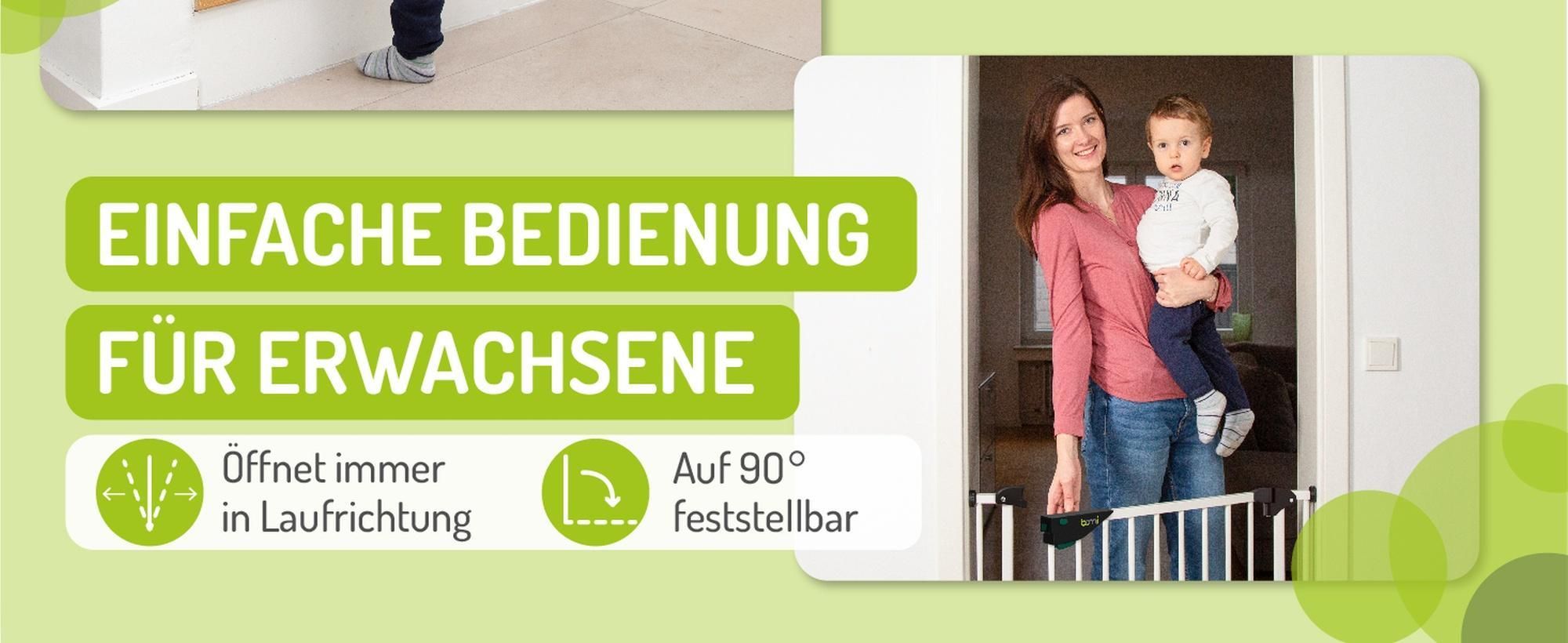 Die Bedienung für Erwachsene ist kinderleicht, das Kindergitter ist feststellbar.