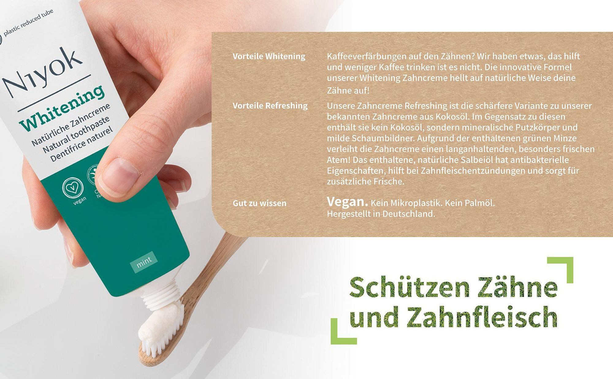 Niyok Whitening Zahnpasta "Mint"(75ml) Remineralisierende Zahnpasta für weiße Zähne, Natürliche Pflege & Frische, Plastikreduzierte Tube, Ohne Fluorid