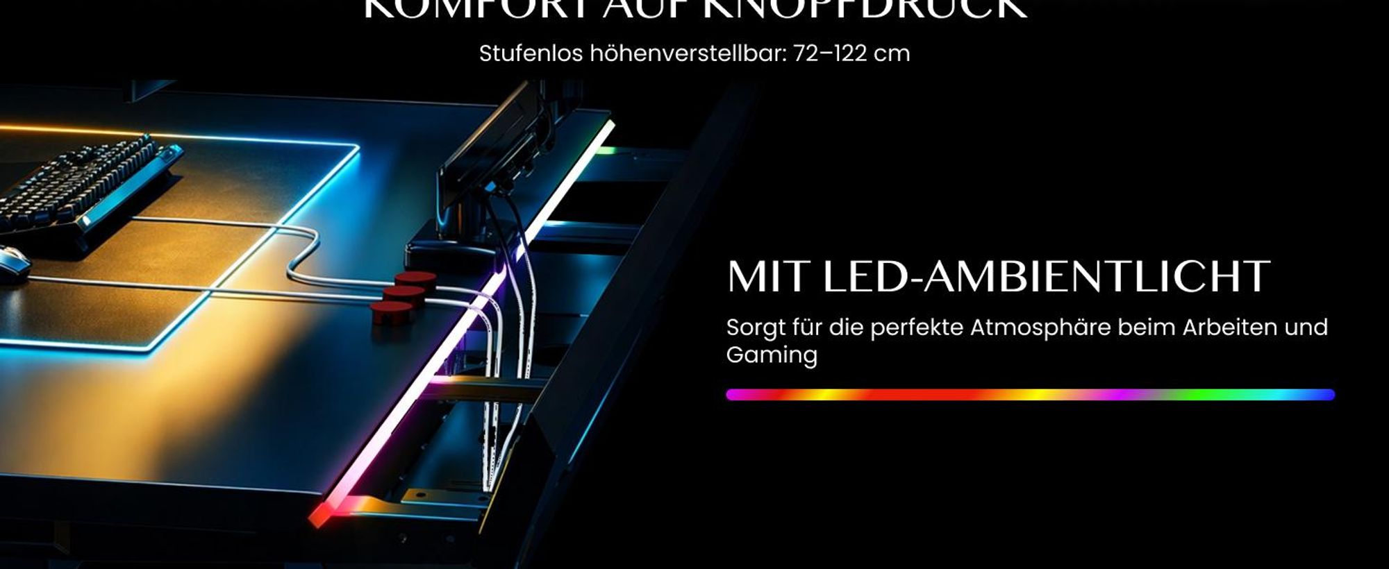 FLEXISPOT Gaming Schreibtisch Höhenverstellbar 120x70 cm, Dual-Motor, LED Beleuchtung, Kabelmanagement, 120KG Tragkraft, 5-Schicht Oberfläche, Schwarz