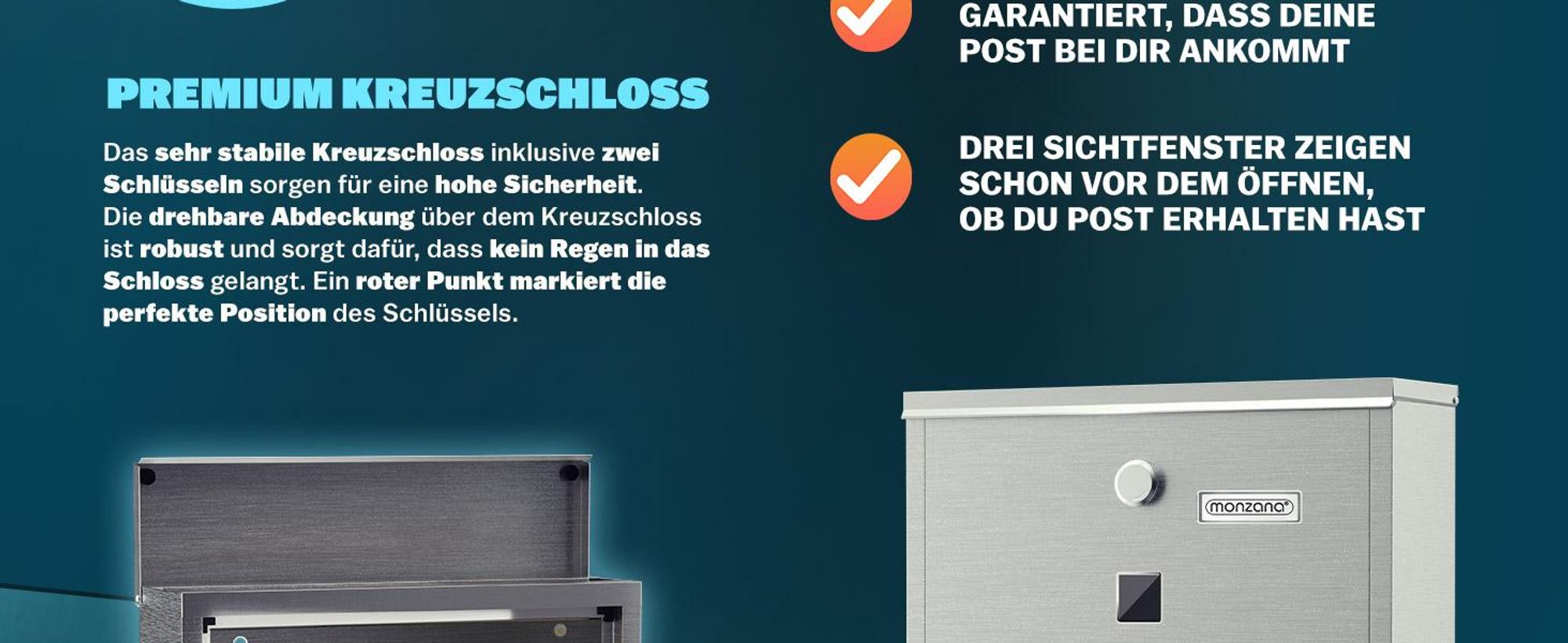 MONZANA® Briefkasten Kreuzschloss mit Kupfer-Schließzylinder drehbare Abdeckung 31x10x34 cm Sichtfenster Namensschild Zeitungsfach einfache Montage Edelstahl 2 Schlüssel Postkasten Silber