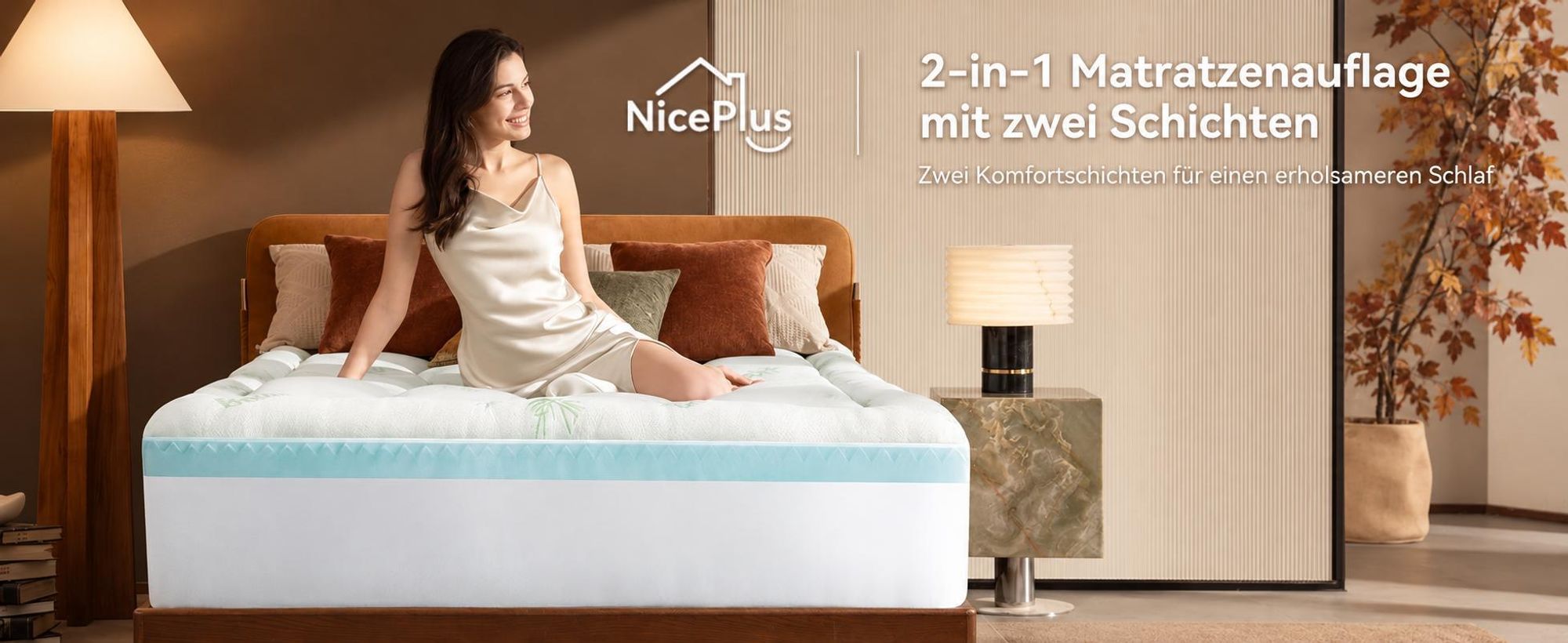 NicePlus 2-in-1 Topper, 180x200X10cm, 5-Zonen Memory Foam + Bambus-Pillow-Top, mit Eckgummis für alle Matratzen, H2/H3, Grün