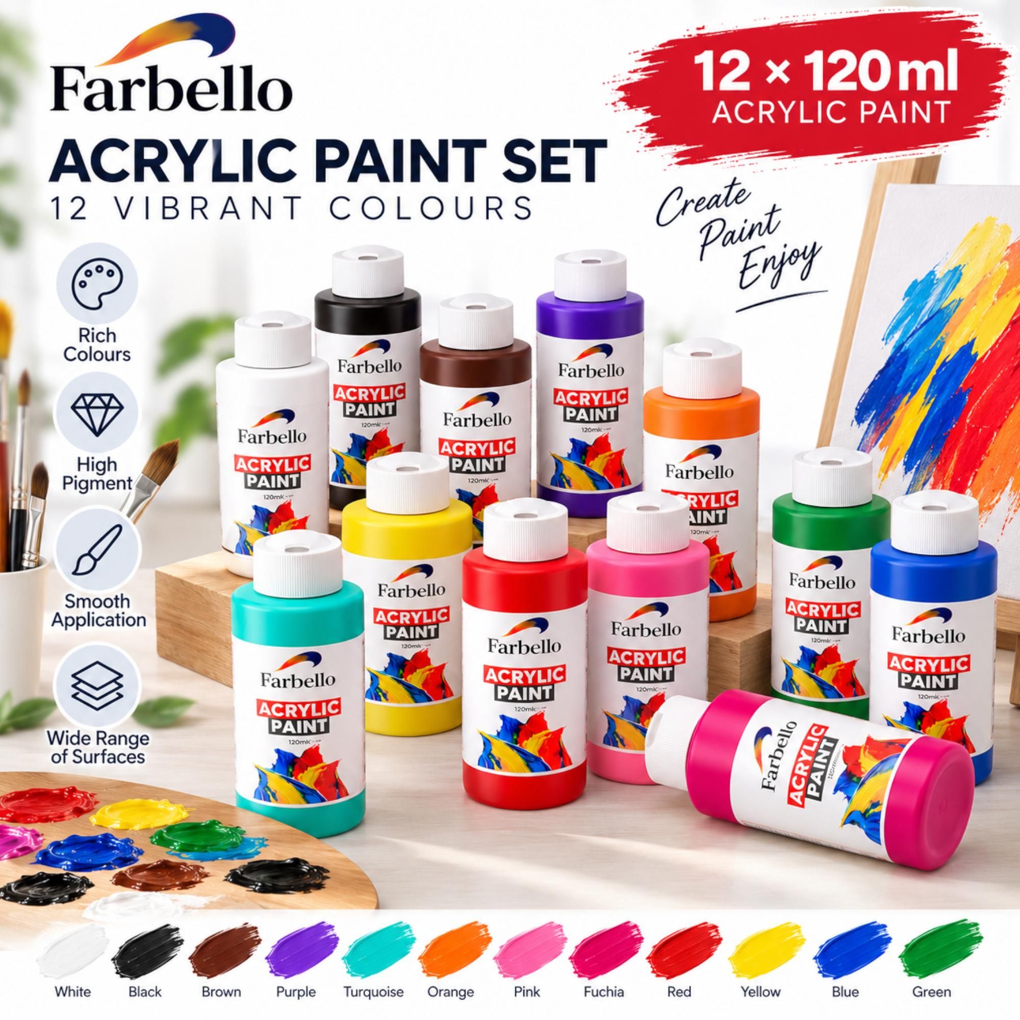 FARBELLO Acrylfarben Set 12 x 120 ml – Hochpigmentiert, Wasserfest, für Leinwand, Holz, Stein & Papier (12 Farben)