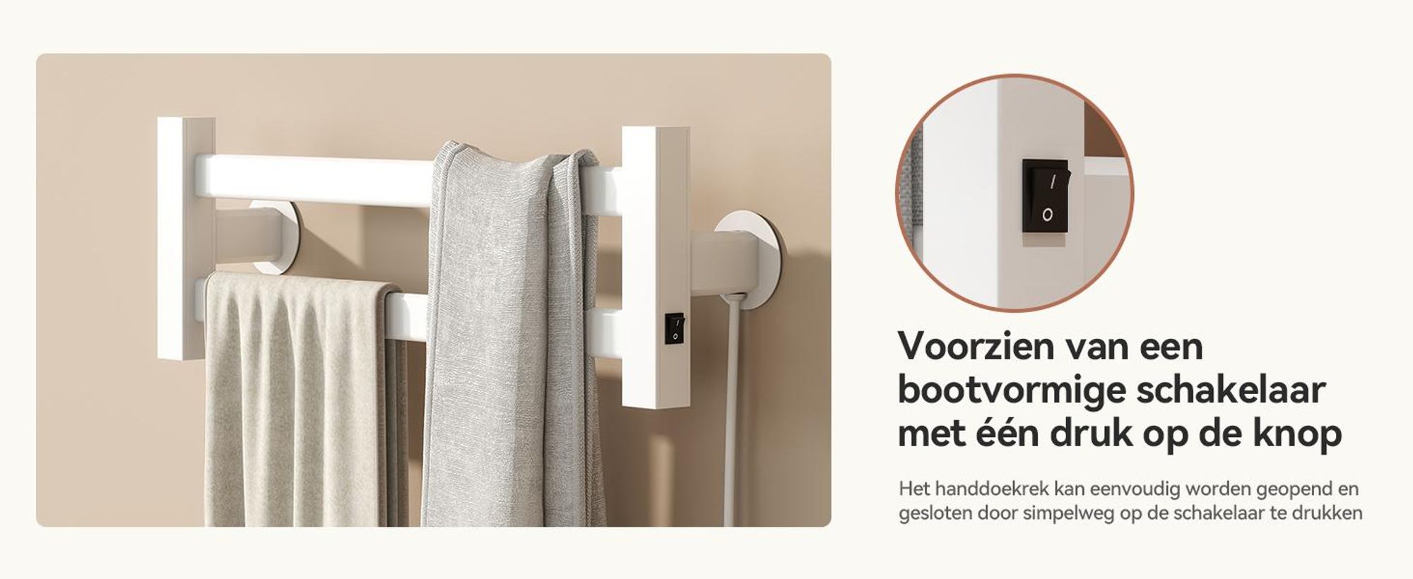Puluomis Elektrische handdoekwarmer met één drukknopbediening, constante temperatuur van 55°C, IPX4 waterdicht, witte badkamerverwarmer, 48,5x16,5 cm