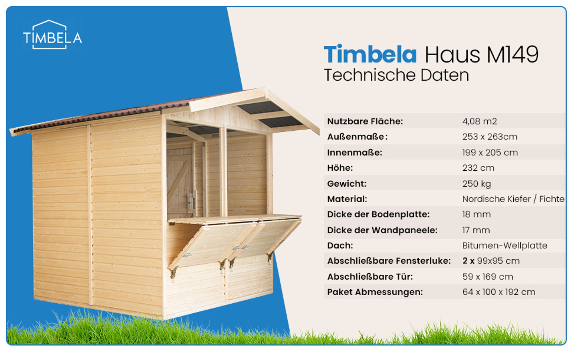 TIMBELA M149 - H232x253x263/4m2, große multifunktionale Garten-Bar Verkaufshütte Verkaufsstände aus Holz