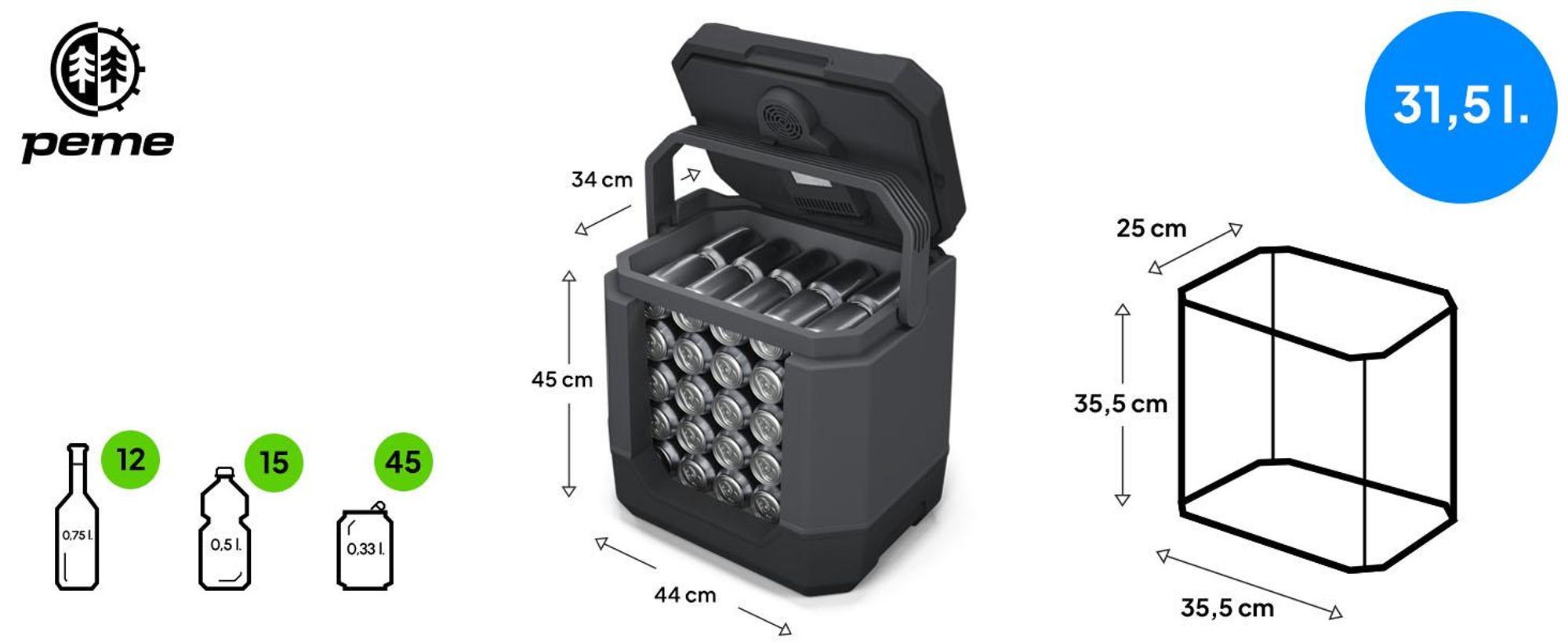 Peme Elektrische Kühlbox Trip 31,5L - Auto Camping Kühlschrank leise Bluetooth Lautsprecher Minikühlschrank Reise PKW LKW Outdoor, mit Strom & USB