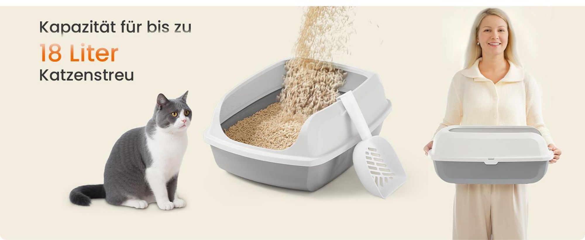 Feandrea Katzenklo mit hohen Seitenwänden, XL, offene Katzentoilette, mit Schaufel, für Kätzchen und große Katzen, wolkenweiß