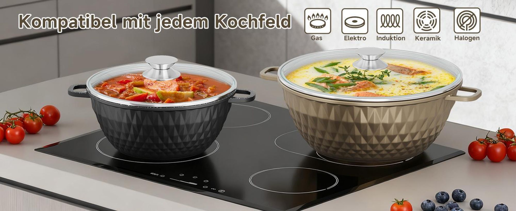 HOMELUX Topfset Induktion 8-teilig, 20/24/28/32cm Kochtopf Set mit Antihaftbeschichtet, Kochtöpfe Induktions für Alle Herdarten, Diamantform & Schwarz