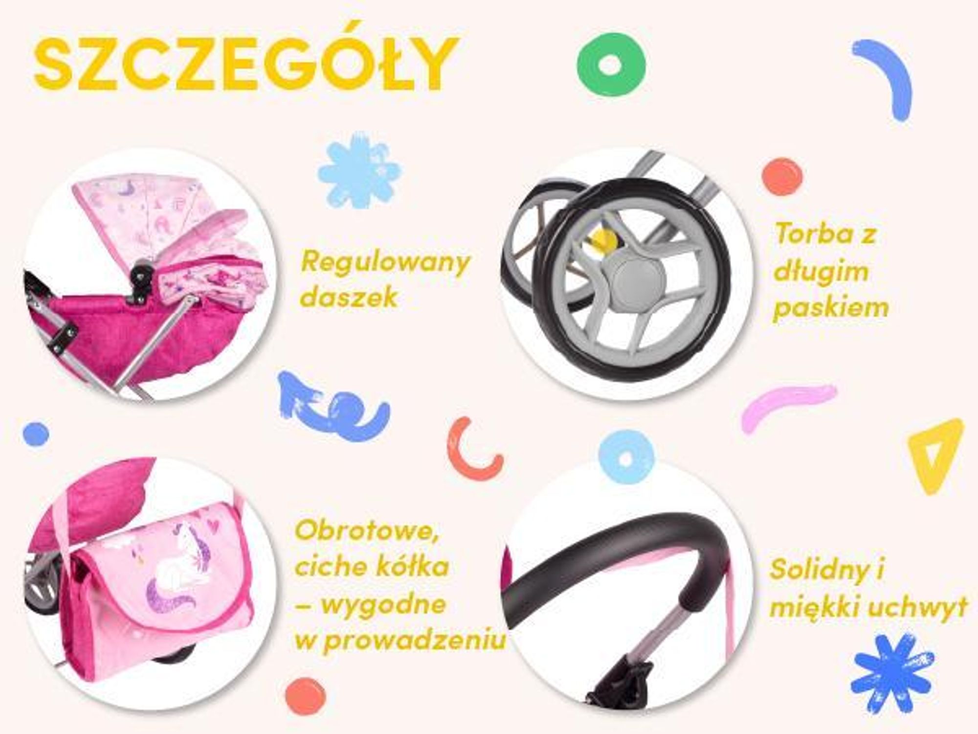 Wózek gondola dla lalek różowa z torbą i motywem jednorożca