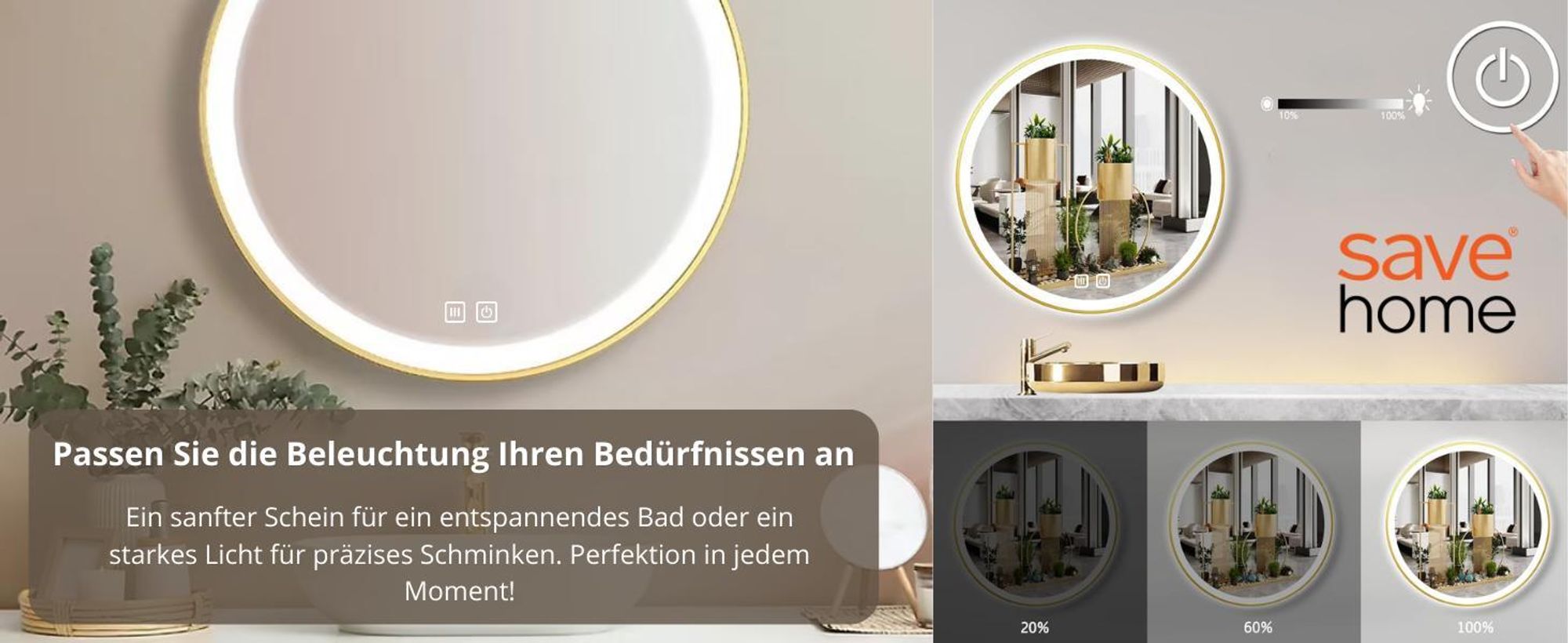 LED Badezimmerspiegel Rund 80 cm – Badspiegel mit LED Beleuchtung, Touch-Schalter, Anti-Beschlag, 3 Lichtfarben, Goldener Rahmen – SAVE HOME