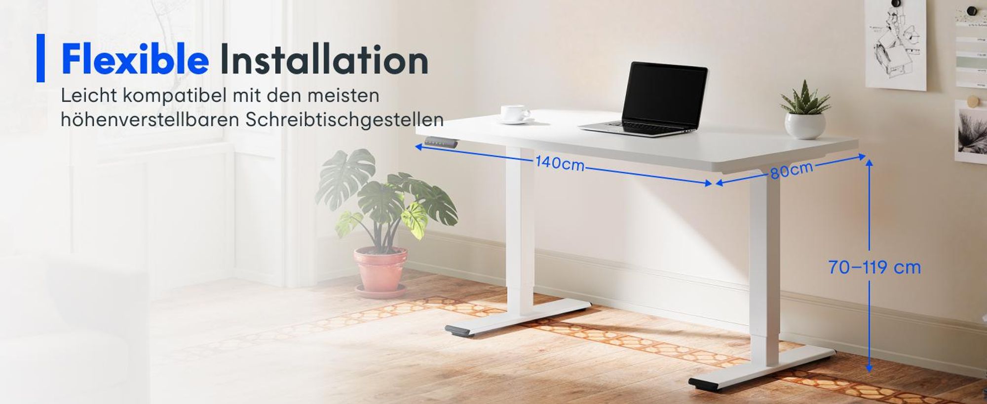FLEXISPOT Höhenverstellbarer Schreibtisch  EU, 22mm Einteilige Tischplatte 140x80cm, Elektrisch mit 2 starken Motoren, 4 Memory-Funktion (Weiß)