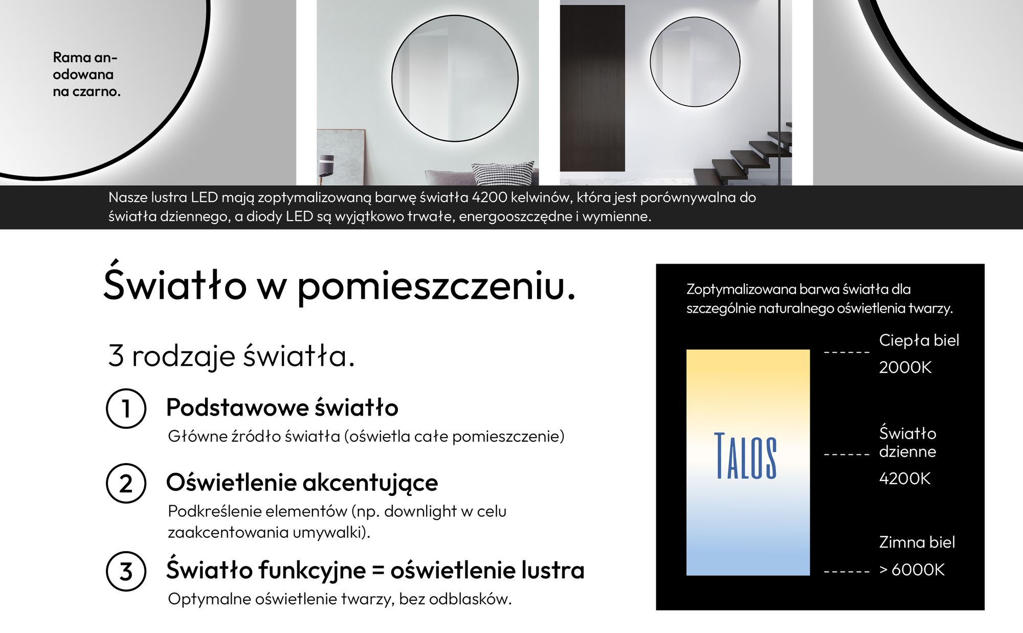 Lustro ?azienkowe z o?wietleniem Talos Black Orors Light Ø 120 cm lustro ?cienne - pod?wietlane lustro z neutralnym bia?ym ?wiat?em - wysokiej jako?ci matowa czarna aluminiowa rama - lustro ?azienkowe