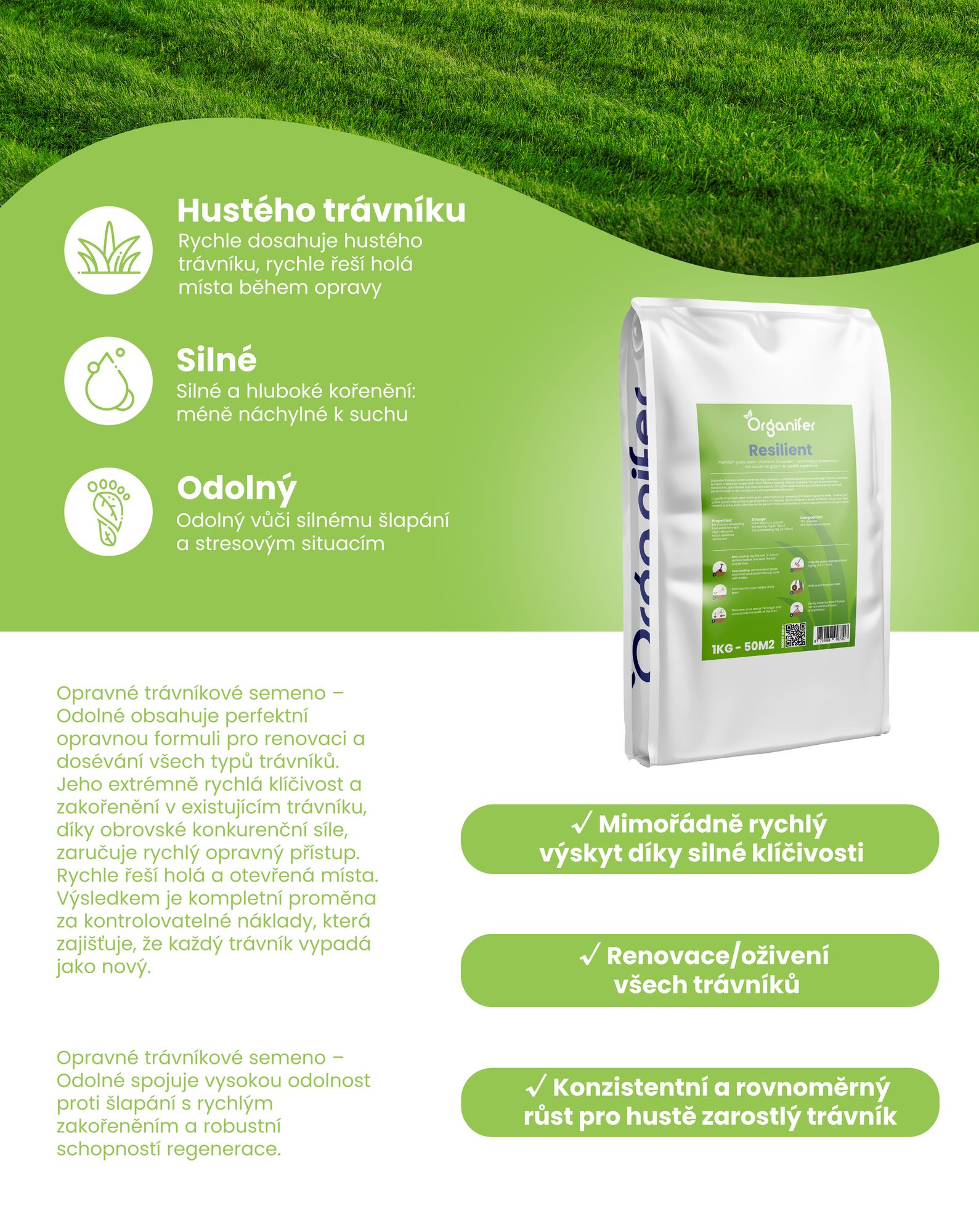 Opravné trávníkové semeno – Odolné (1 kg na 50 m2) - Organifer