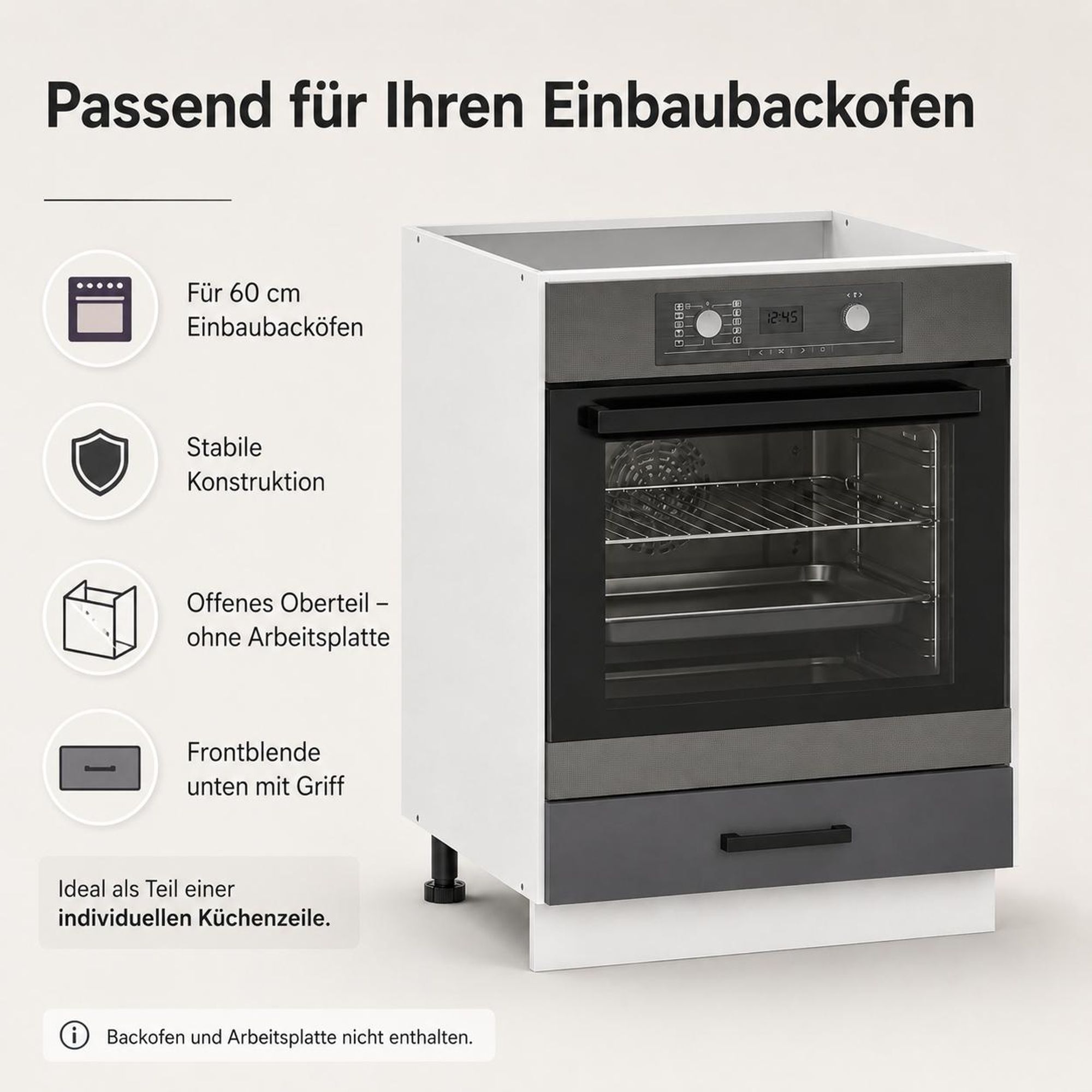 Backofenschrank 60 cm Anthrazit: Griff 128 mm, verstellbare Füße & Sockelblende.