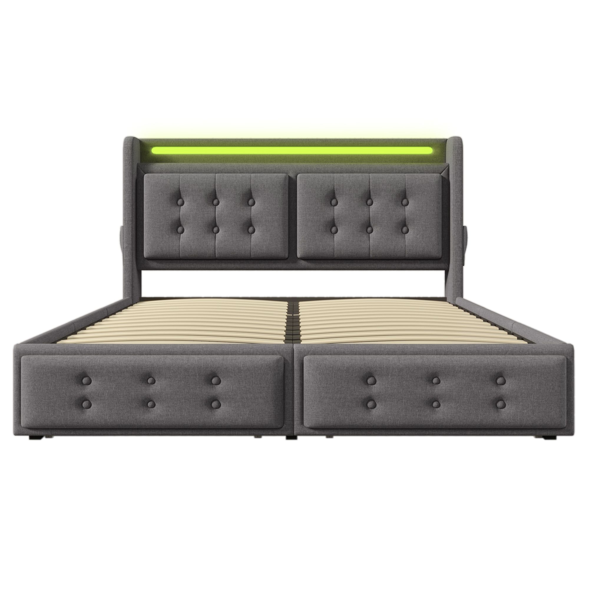 Flieks Polsterbett 140x200cm mit 4 Schubladen, Stauraumbett Doppelbett mit Ladefunktion, Jugendbett Holzbett mit LED, Funktionsbett Baumwolle, Grau