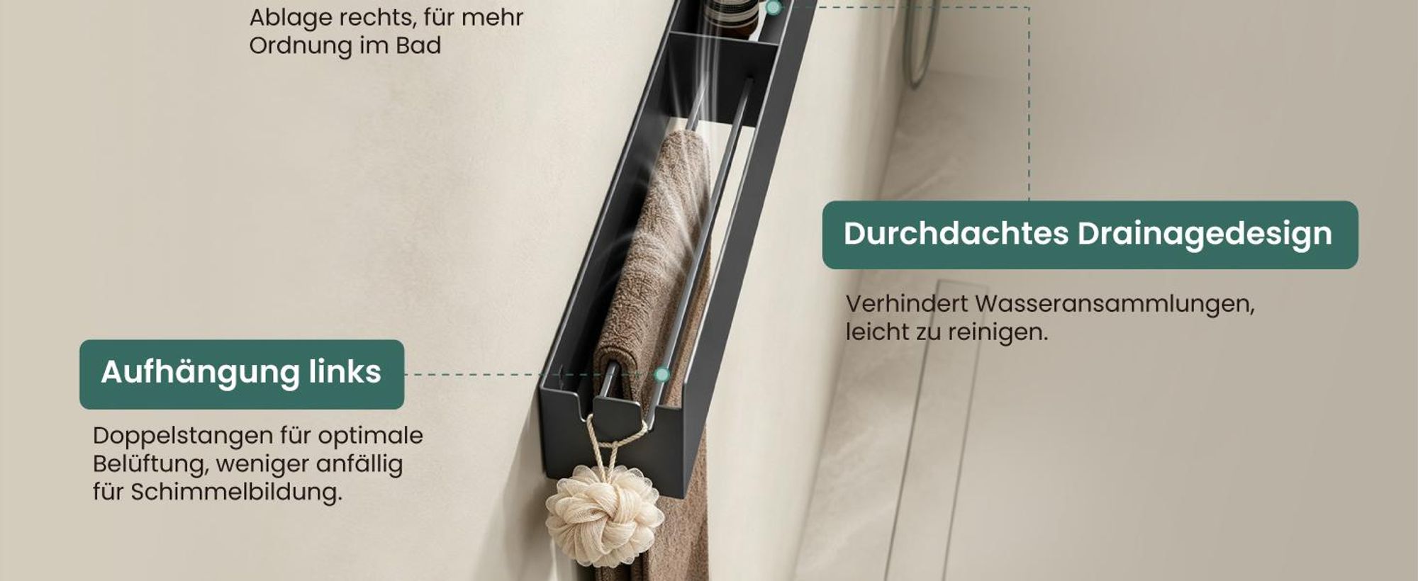 Mai & Mai Duschablage ohne Bohren mit Handtuchhalter, Shampoo Halterung für Dusche, Bad, Küche 60cm Schwarz Reglo-18