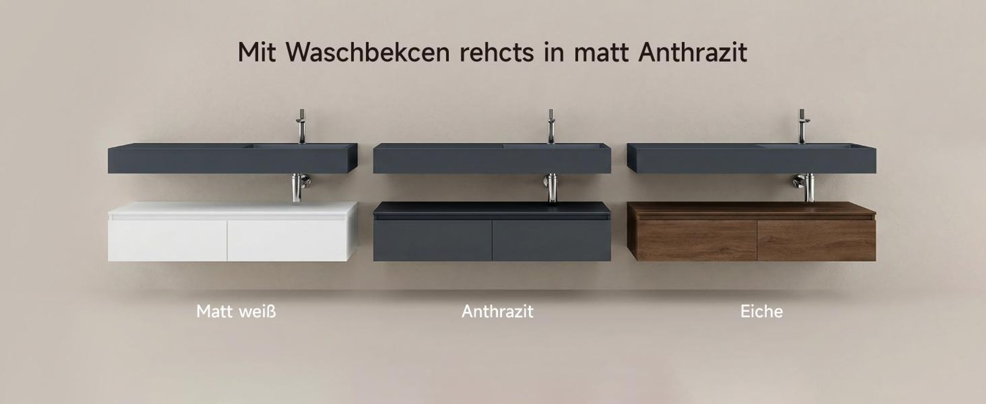 Mai & Mai Badmöbelset Waschtisch mit Unterschrank Eiche 150x48x25cm inkl. Mineralguss-Waschbecken in matt Anthrazit und LED-Badspiegel UP