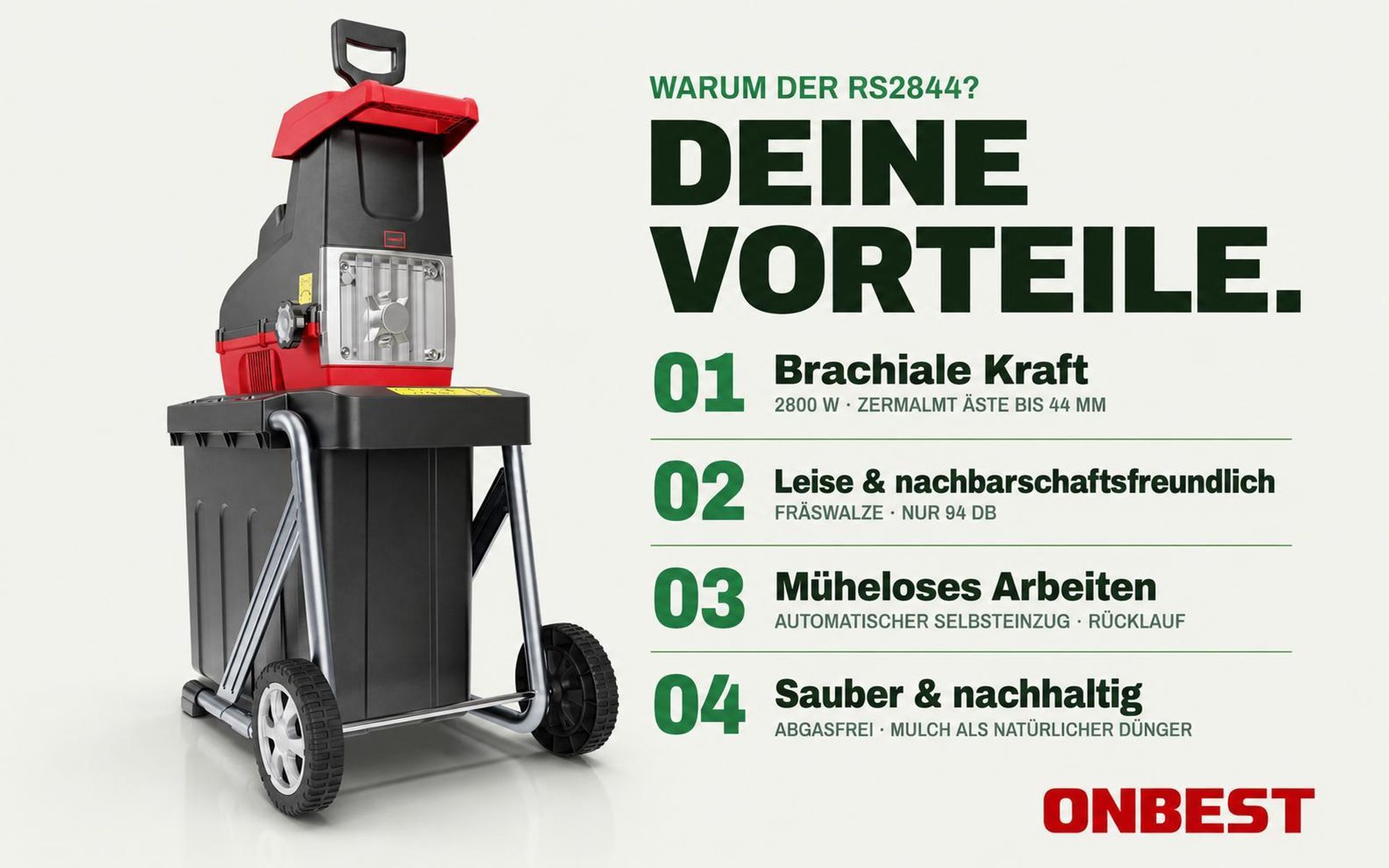 ONBEST Gartenhäcksler Elektro | 2800W mit Stopfer | bis 4,4 cm | 60L Fangbox | Rücklauf & Selbsteinzug