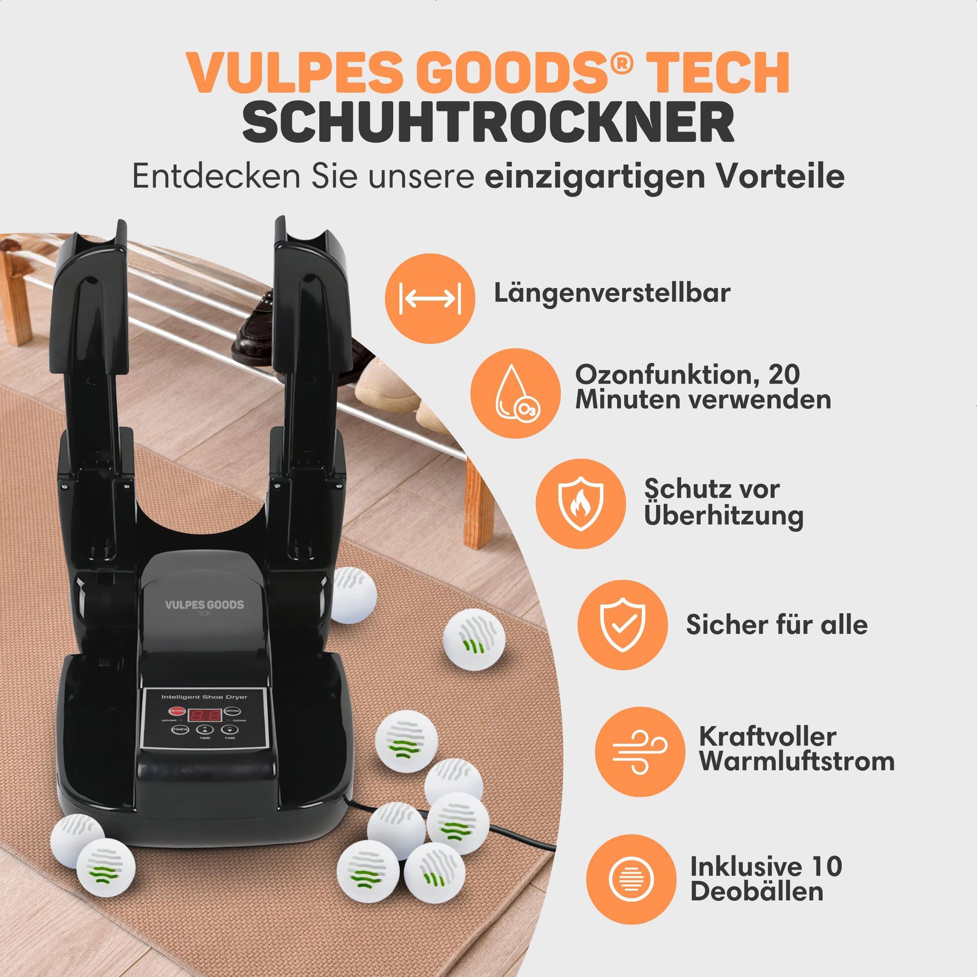 Vulpes Goods Pro Schuhtrockner elektrisch 30-Minuten-Schnelltrocknung | faltbarer Fußsohlenwärmer mit 10 Duftkugeln - Ozon-Funktion & Digitalanzeige