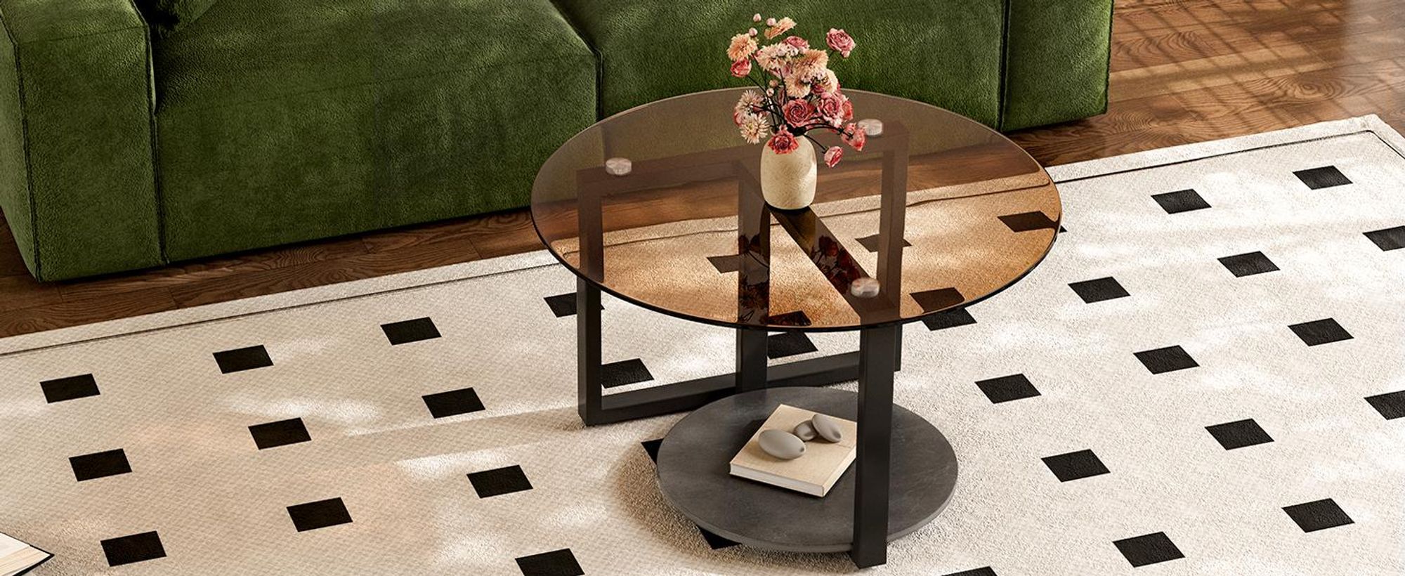 WISFOR Couchtisch mit Ablagen, Wohnzimmertisch aus Glas und Metall, 80 x 46,5 cm