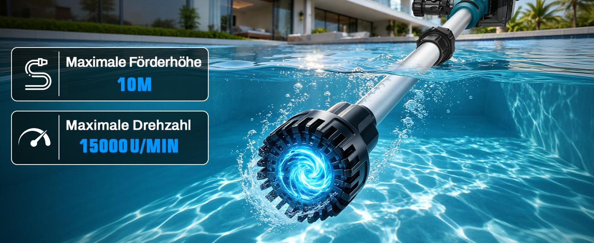 3600 L/h Akku Regenfasspumpe mit 2×4,0Ah 10m Förderhöhe Kabellose Stab-Transferpumpe Gartensprühdüse Wasserpumpe für Pool/Garten/Teich/Wohnmobil/Boot