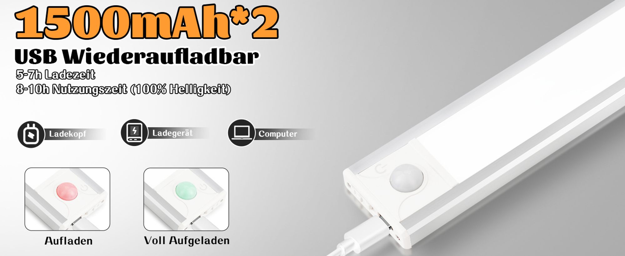 ZMH Unterbauleuchte Küche Led Dimmbar 3 Farbtemperatur Schrankbeleuchtung mit Bewegungsmelder 40CM 2er Silber  Schrankleuchte USB Wiederaufladbar