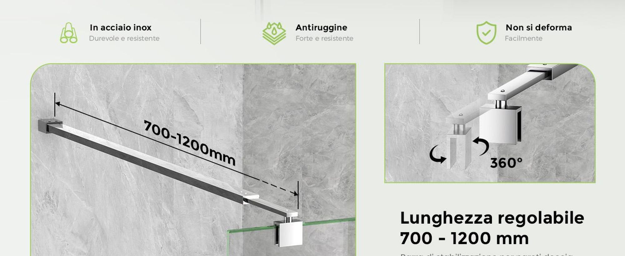 S'AFIELINA barra di fissaggio per schermo doccia 700-1200 mm, acciaio inox, stabilizzatore parete-vetro per vetro 8/10 mm, porta doccia o pannello laterale fisso, 2 pezzi