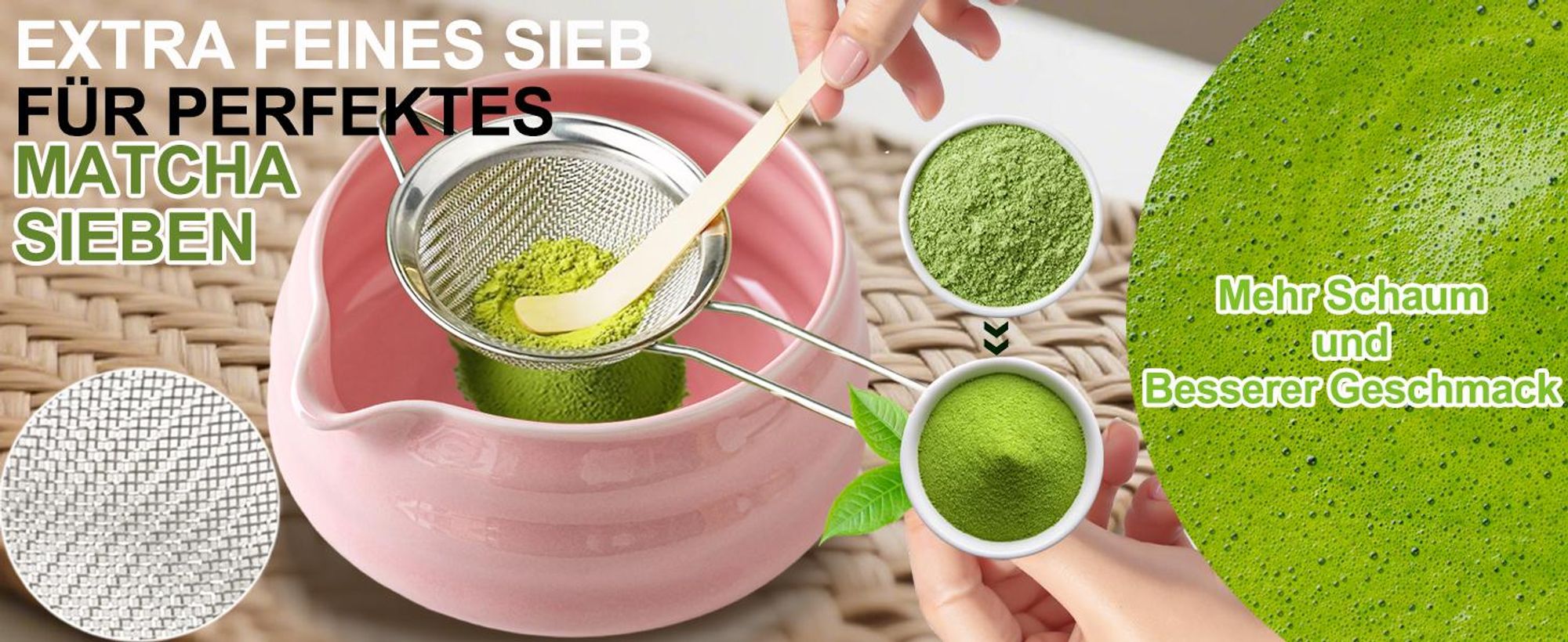 Matcha Set, Japanisches Matcha Set, 5-Teiliges Matcha Besen Set, Bambus Matcha Whisk, Matcha Schale mit Auslauf, Sieb, Löffel, für Matcha-Liebhaber