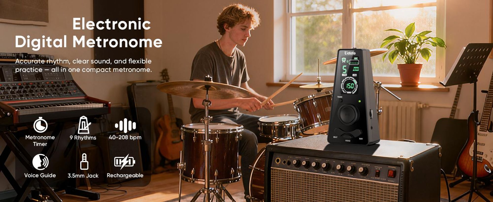 Digitales Metronom, Elektronisches Metronom mit Timer, Lautstärkeregler und Temporegler, Vocal Voice Beats, für Klavier, Geige, Gitarre, Ukulele