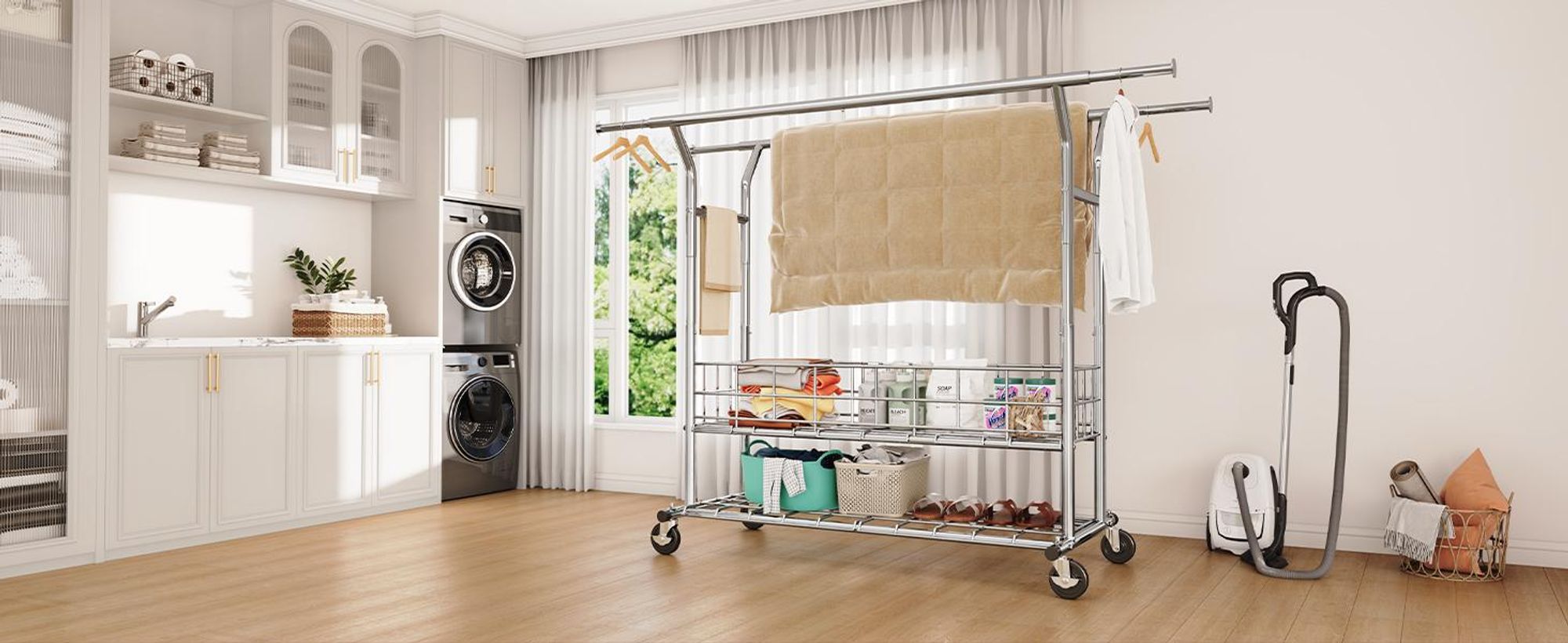 HOKEEPER Schwerlast Kleiderstange auf Rollen, Doppelter Kleiderstange, bis 283 kg belastbar, Industrie-Design, Garderobenständer